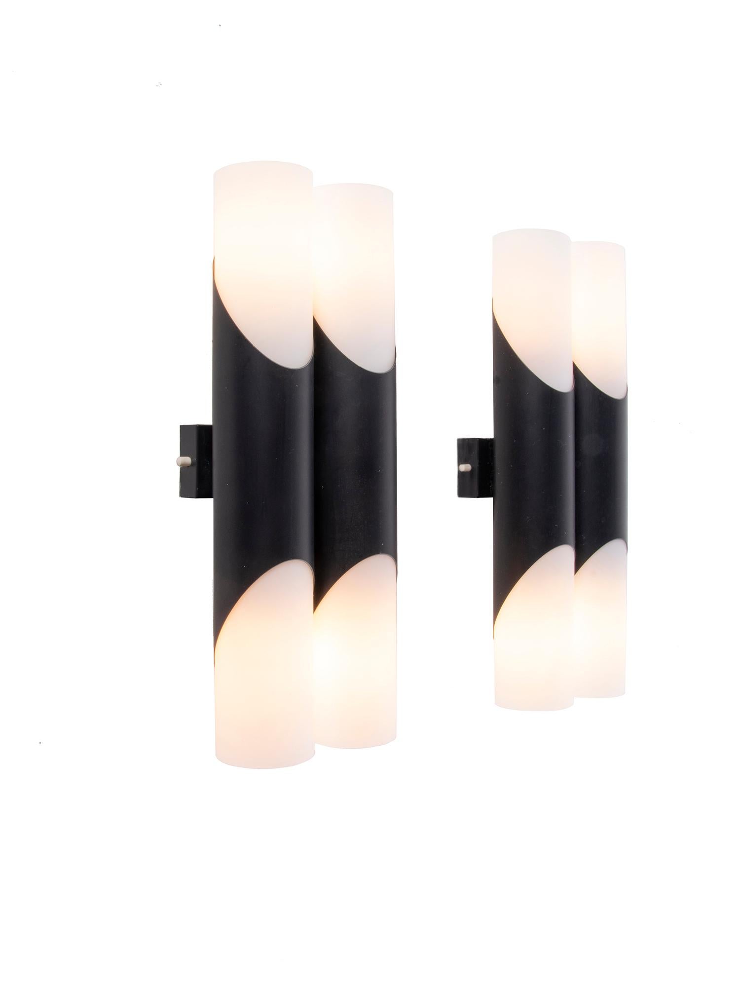 Mid-Century Modern 1 'of 2' Pair of 1970 Germany Neuhaus Double Glass Wall Sconces Black & White For Sale