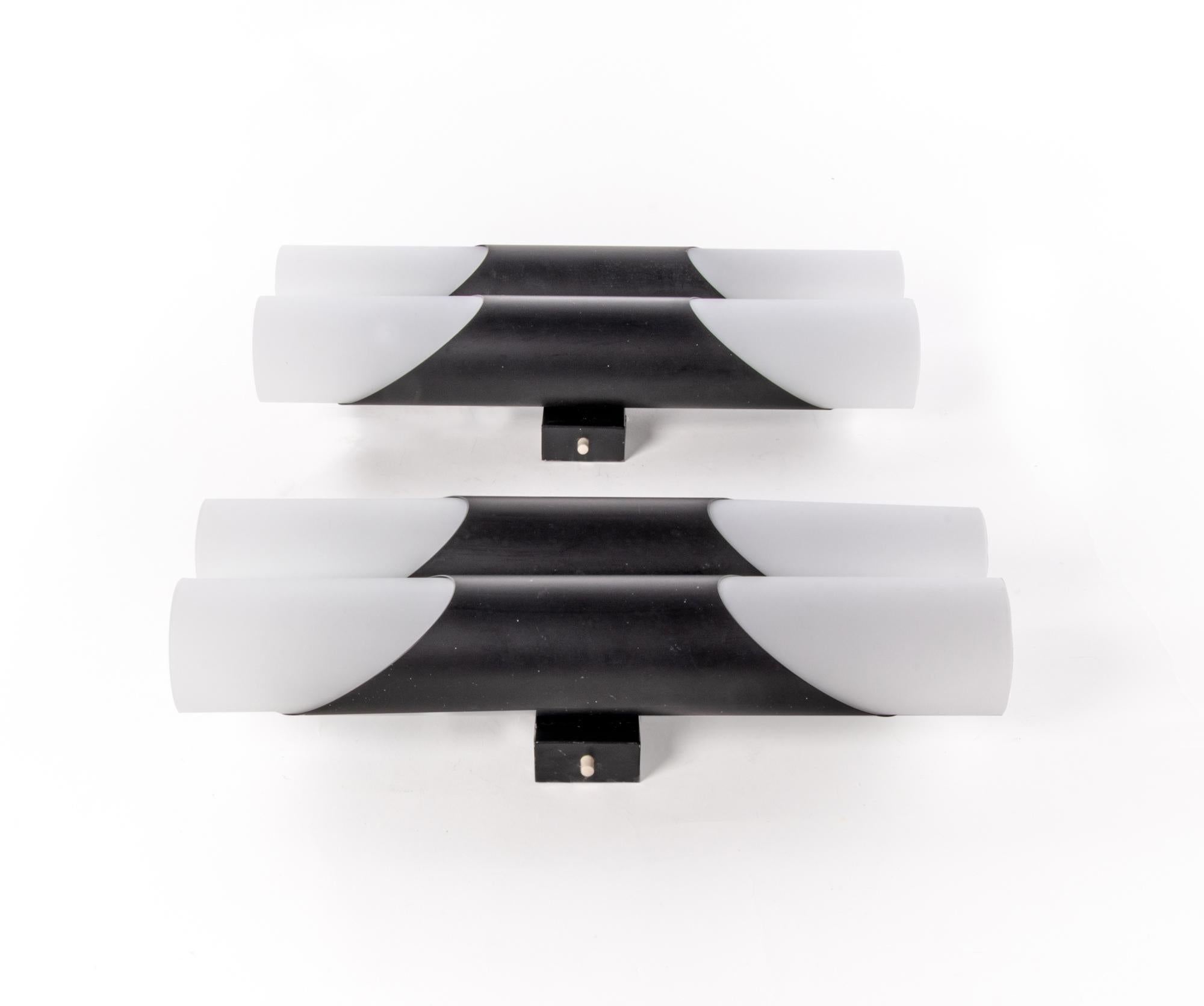 Metal 1 'of 2' Pair of 1970 Germany Neuhaus Double Glass Wall Sconces Black & White For Sale