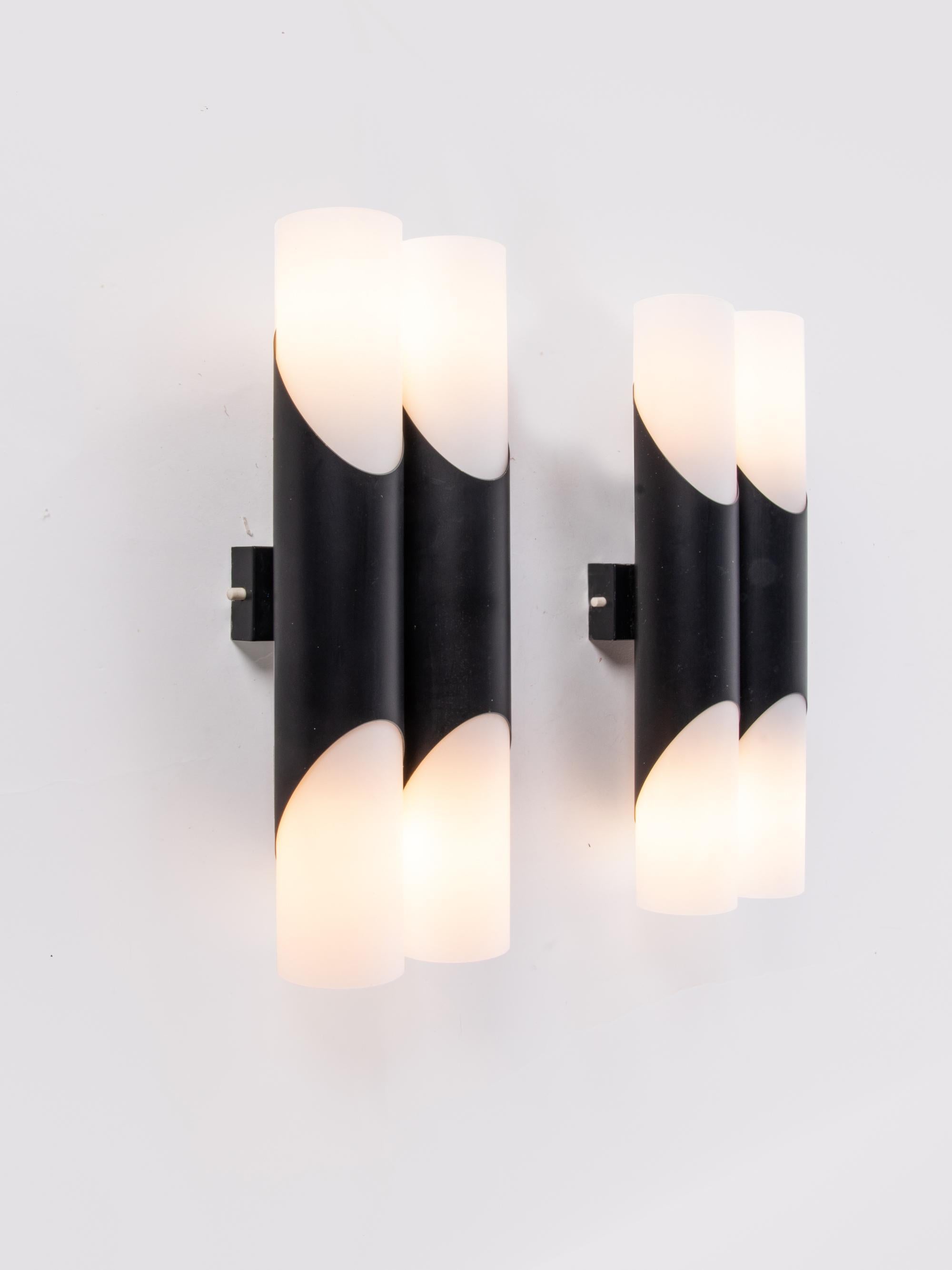 1 (of 2) Pair of 1970 Germany Neuhaus Double Glass Wall Lights black and white For Sale 1