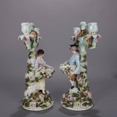 Pair of German Dresden Figural Hand-Painted and Gilt Porcelain Candelabra