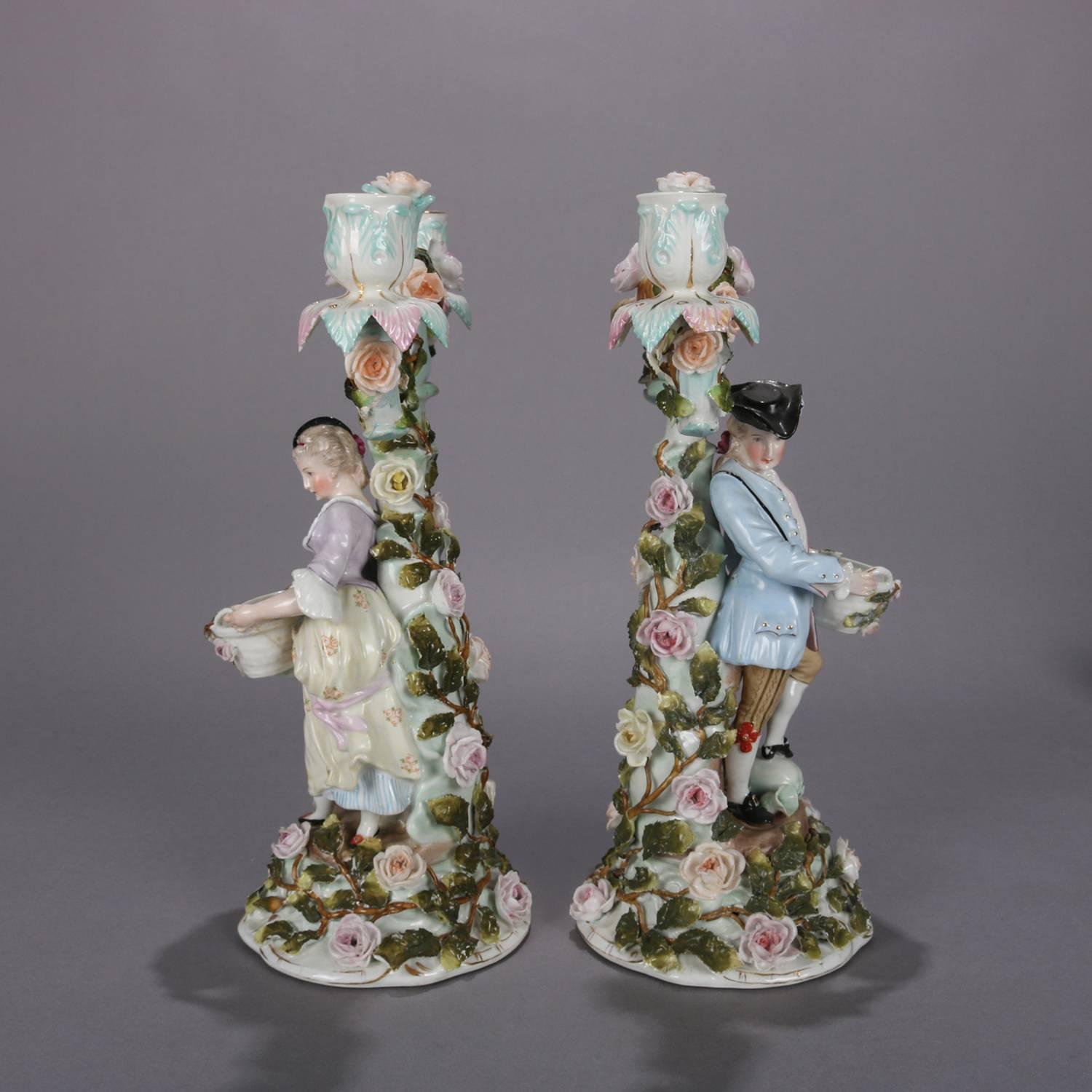 Victorian Pair of German Dresden Figural Hand-Painted and Gilt Porcelain Candelabra