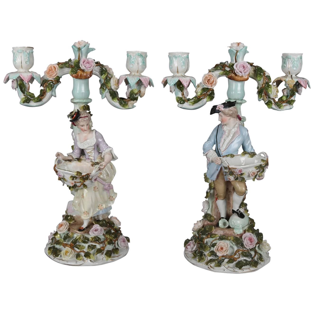 Pair of German Dresden Figural Hand-Painted and Gilt Porcelain Candelabra