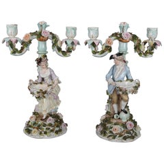Antique Pair of German Dresden Figural Hand-Painted and Gilt Porcelain Candelabra