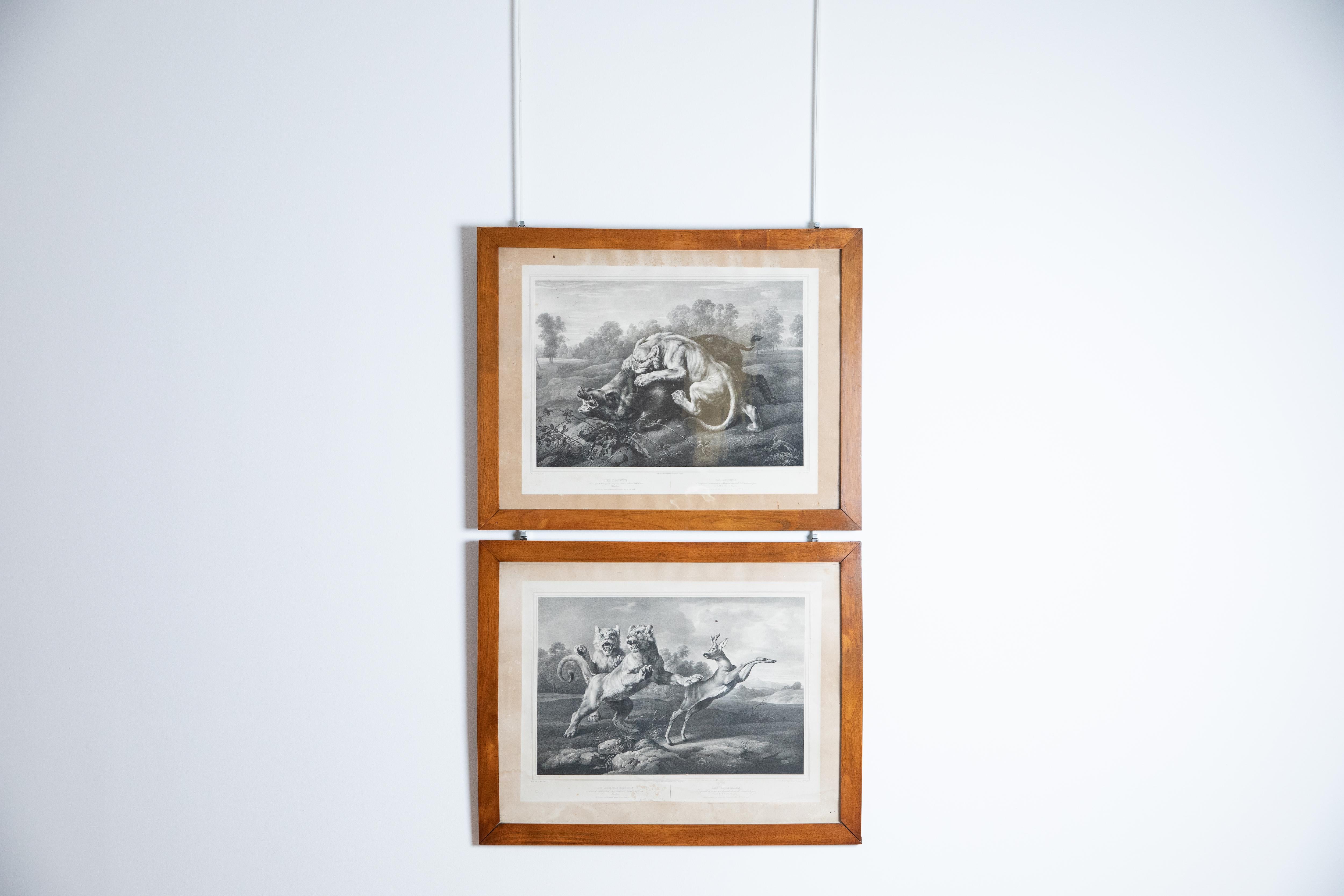 titled in both German and French these expertly engraved scenes depict lions and a lioness engaged in the hunt, original frames and mattes