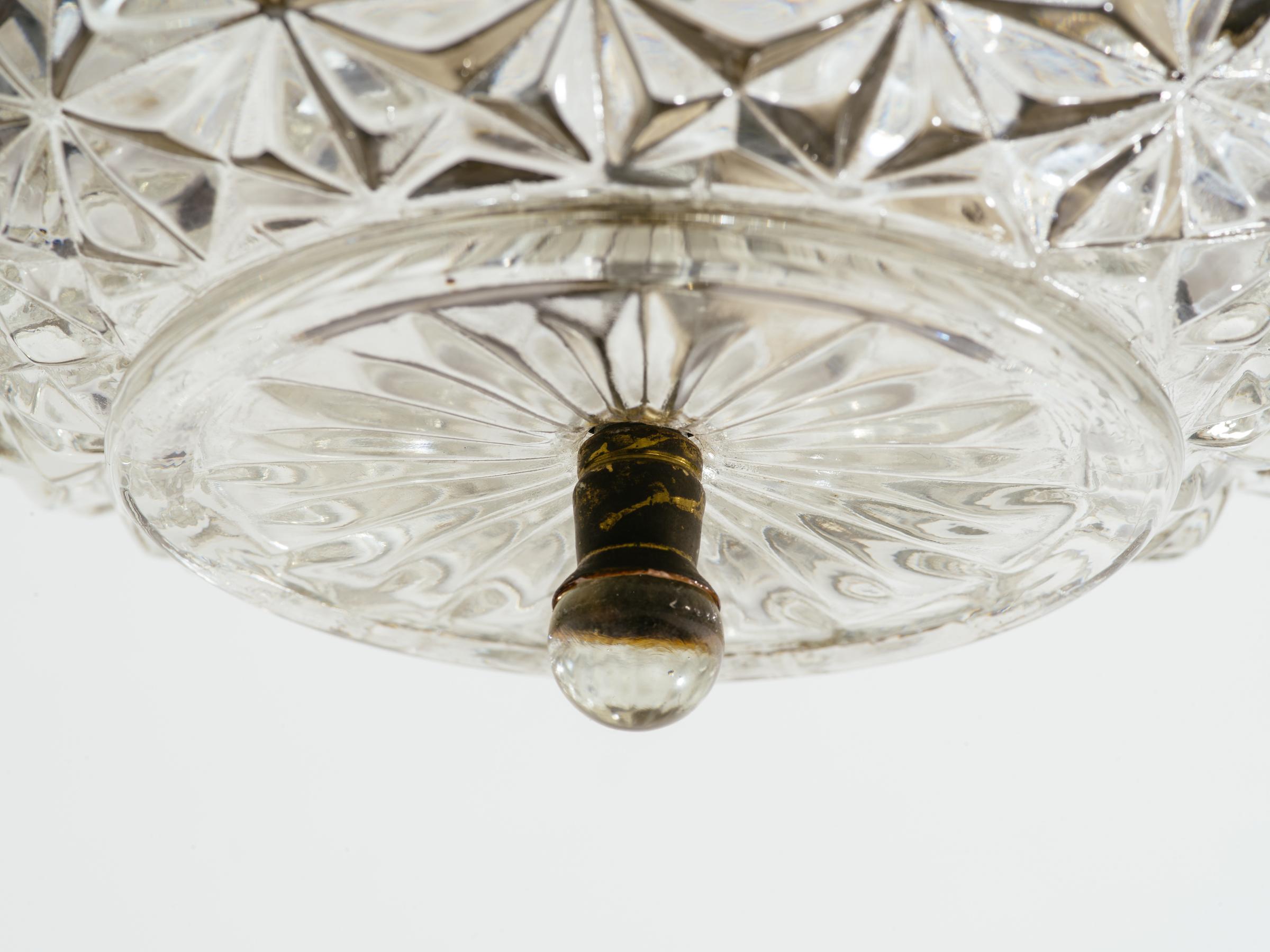 Mid-Century Modern Pair of German Glass and Brass Flush Mount Chandeliers