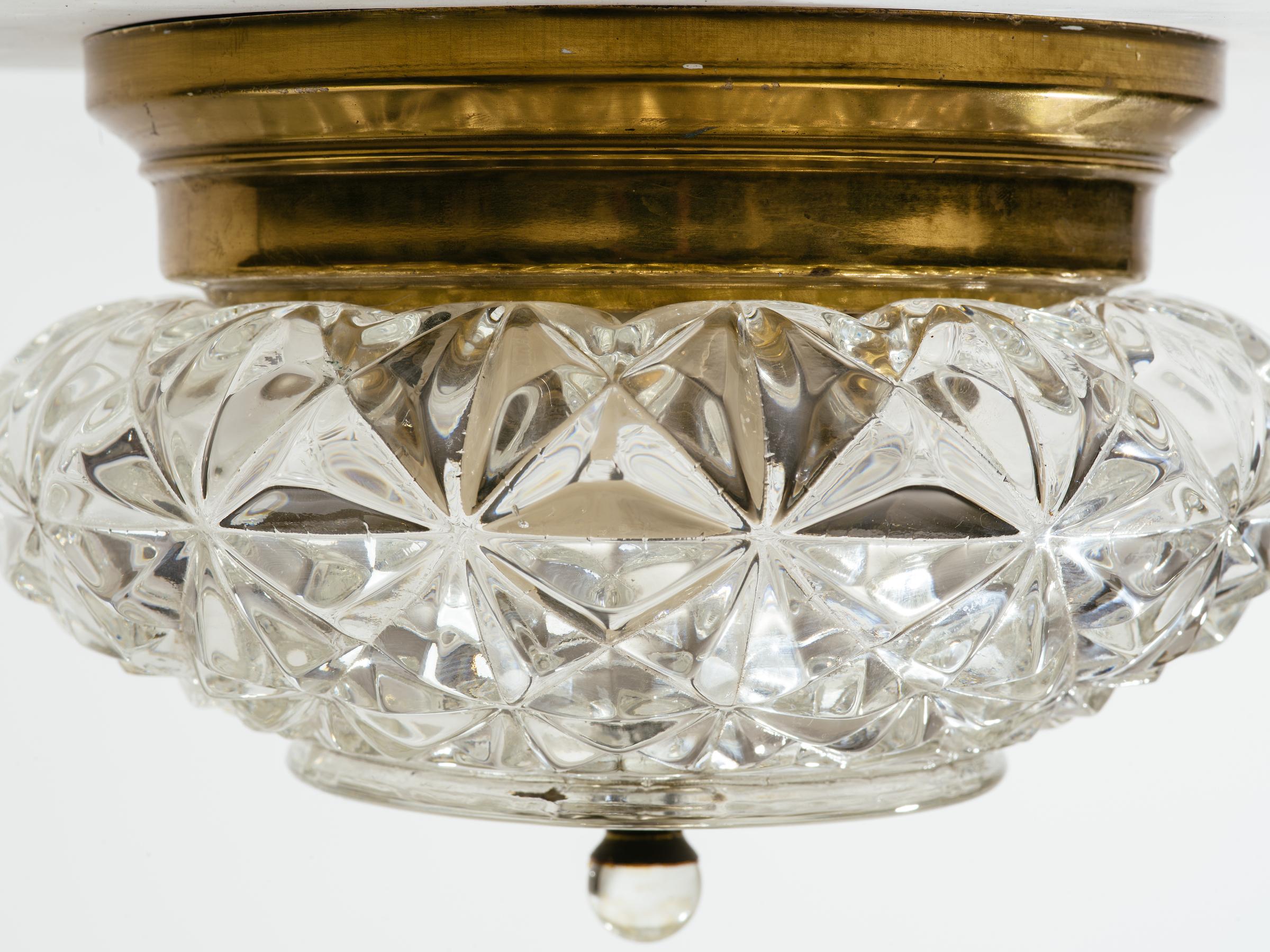 Pair of German Glass and Brass Flush Mount Chandeliers In Good Condition In New York, NY