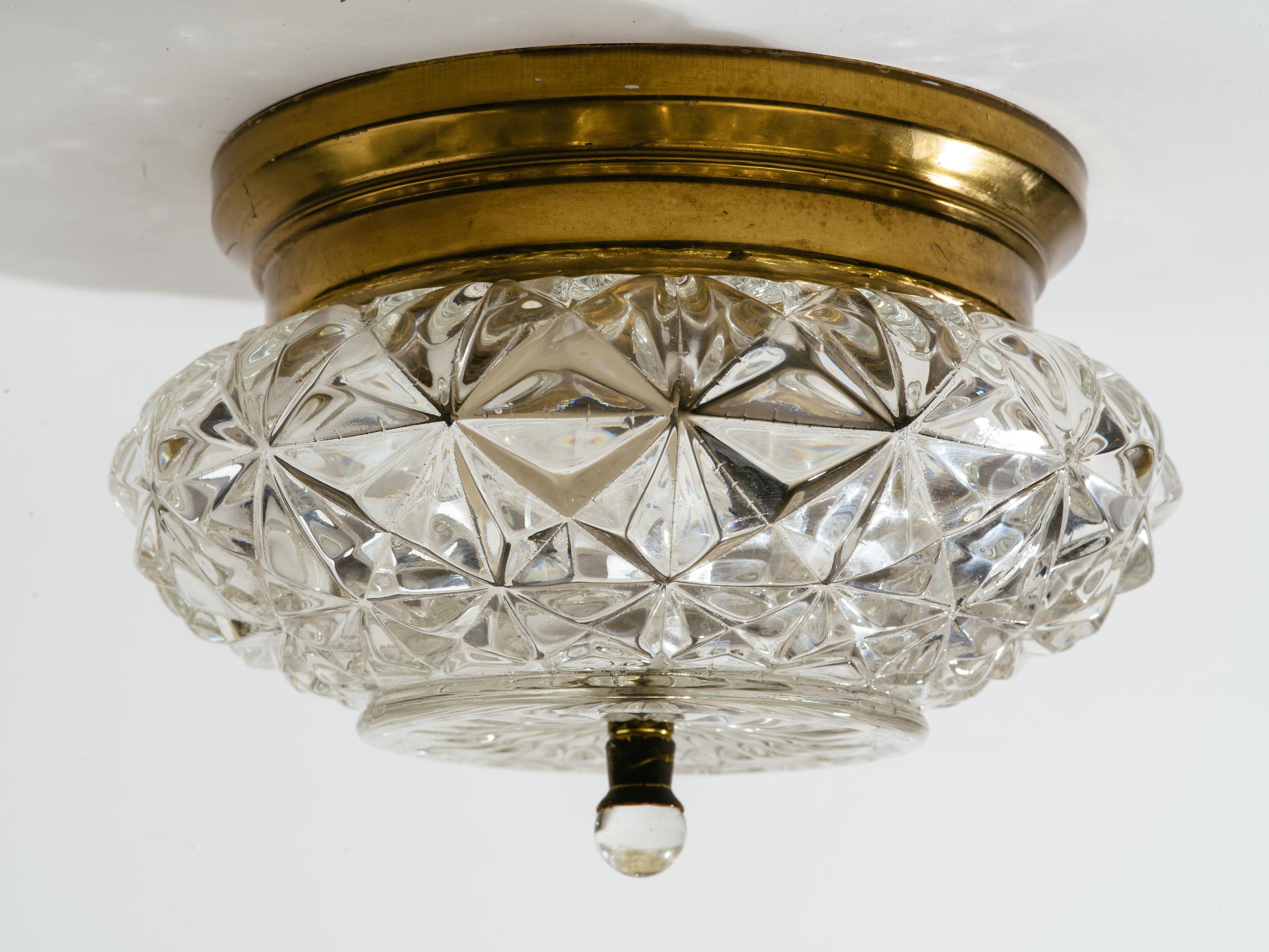 20th Century Pair of German Glass and Brass Flush Mount Chandeliers