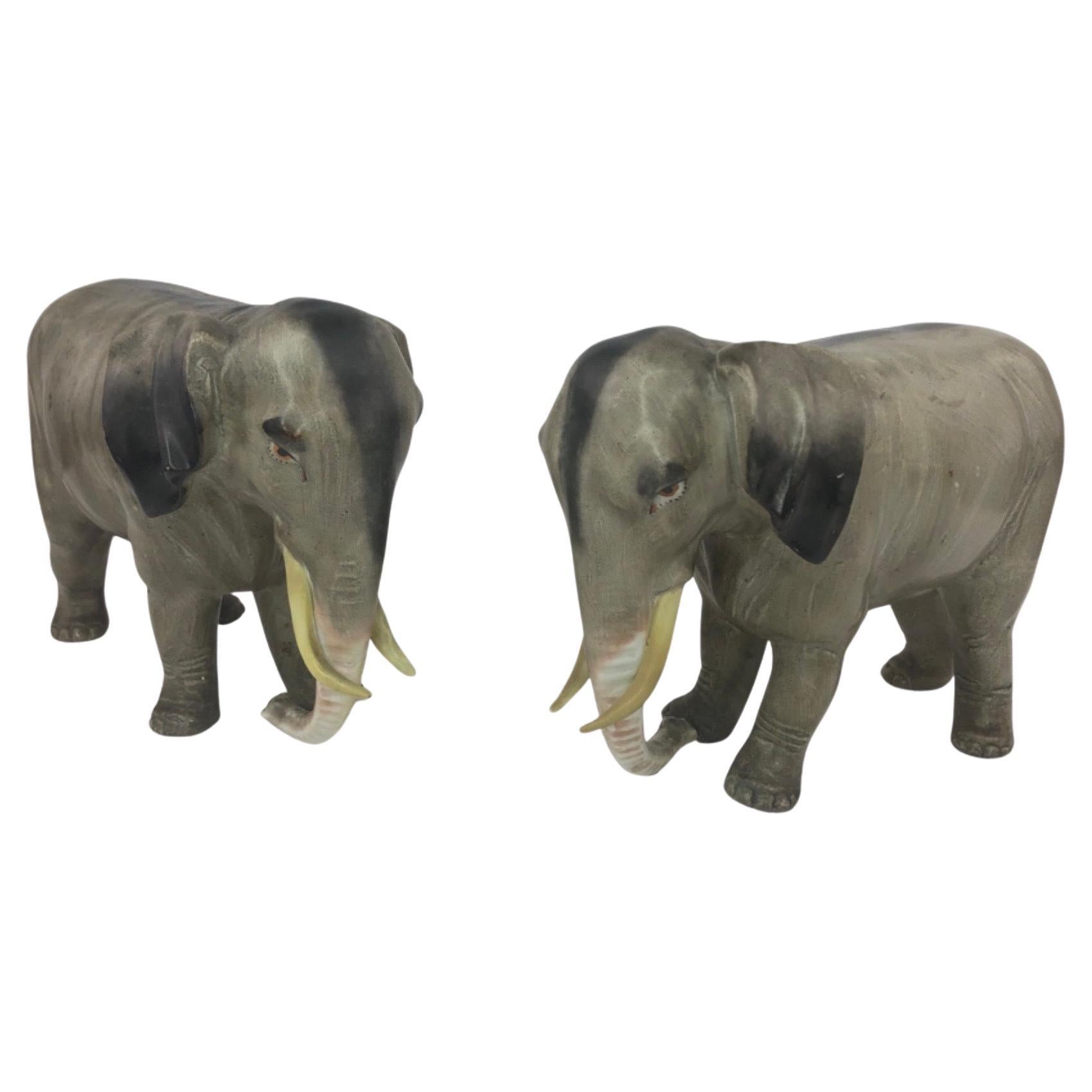 Pair of German Glazed Porcelain Elephants, 1920's