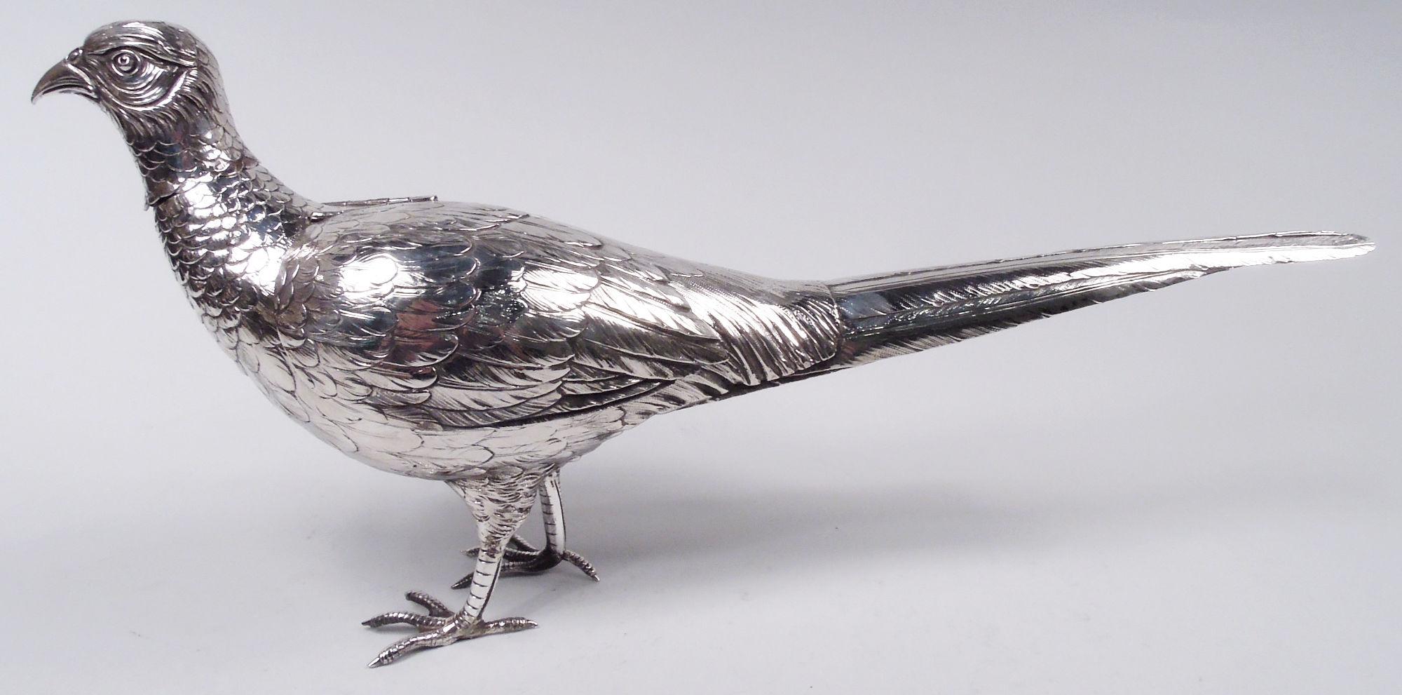 Edwardian Pair of German Hanau Silver Centerpiece Pheasant Spice Boxes with Hinged Wings For Sale