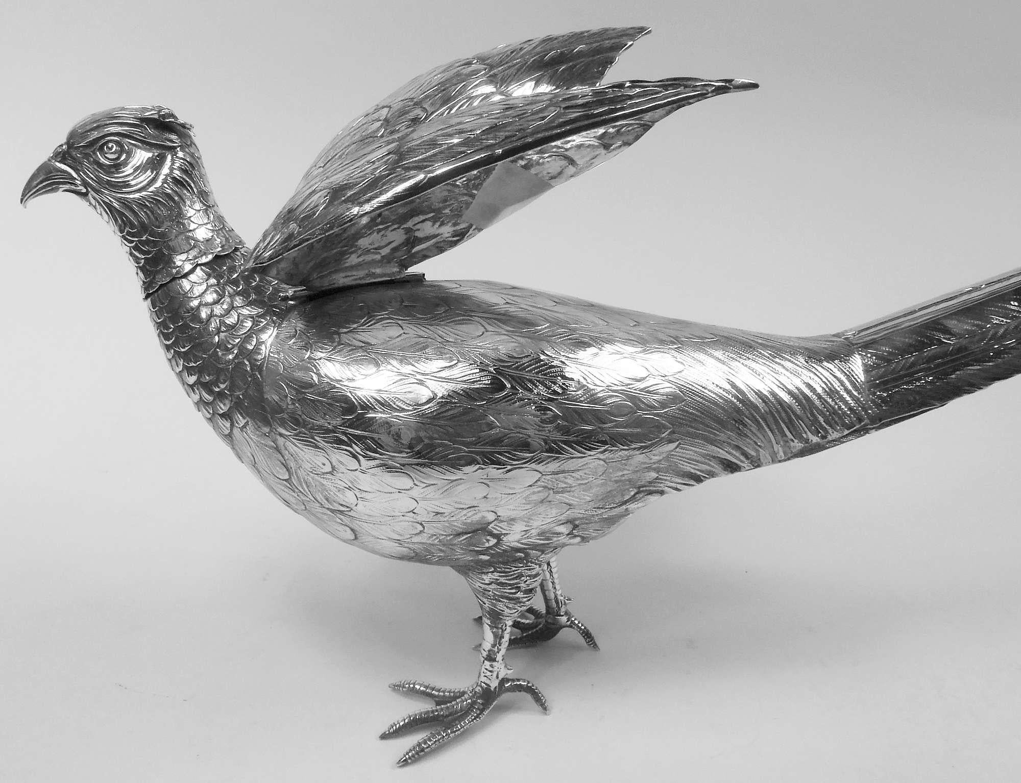 Pair of German Hanau Silver Centerpiece Pheasant Spice Boxes with Hinged Wings For Sale 2