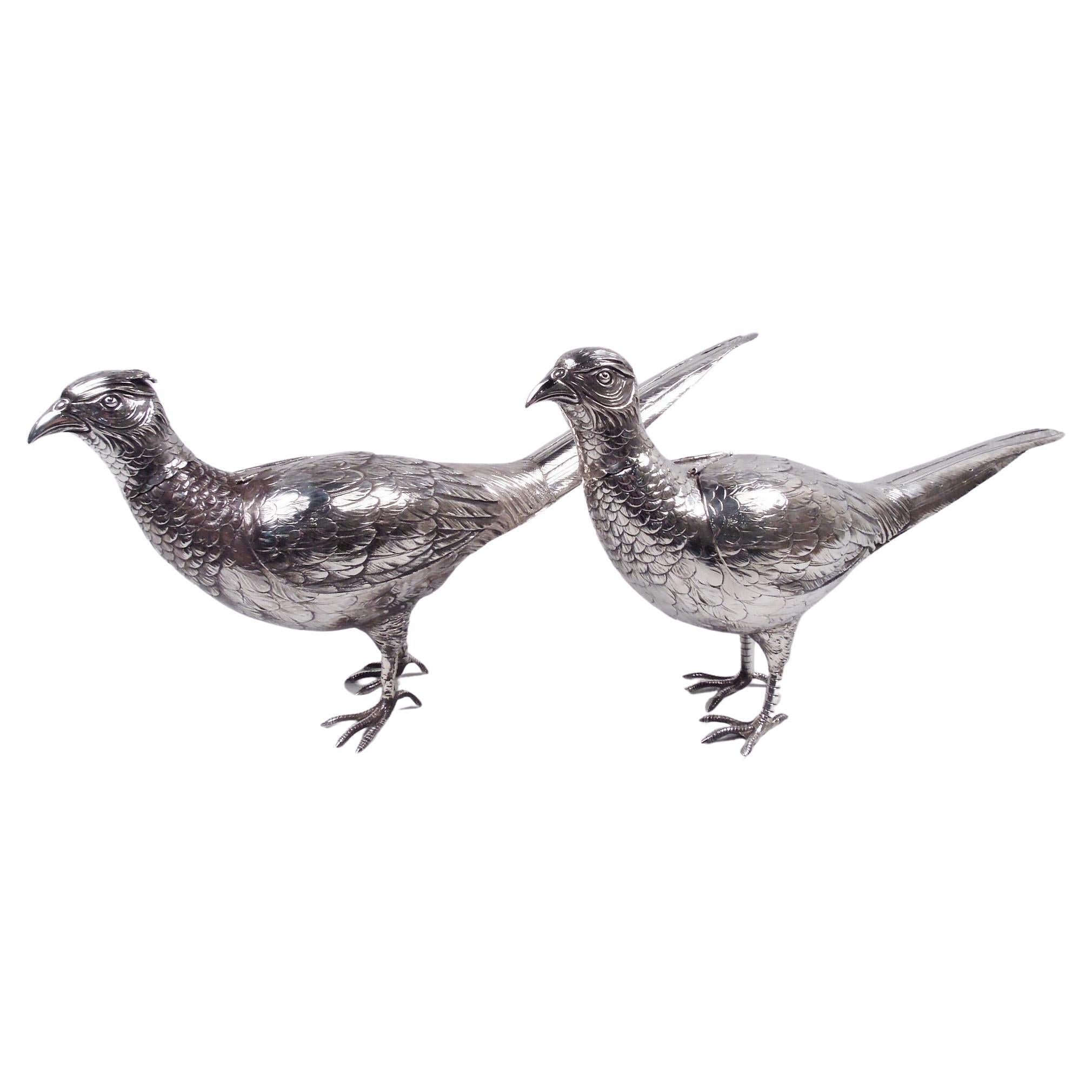Pair of German Hanau Silver Centerpiece Pheasant Spice Boxes with Hinged Wings For Sale