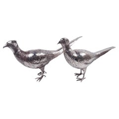 Pair of German Hanau Silver Centerpiece Pheasant Spice Boxes with Hinged Wings