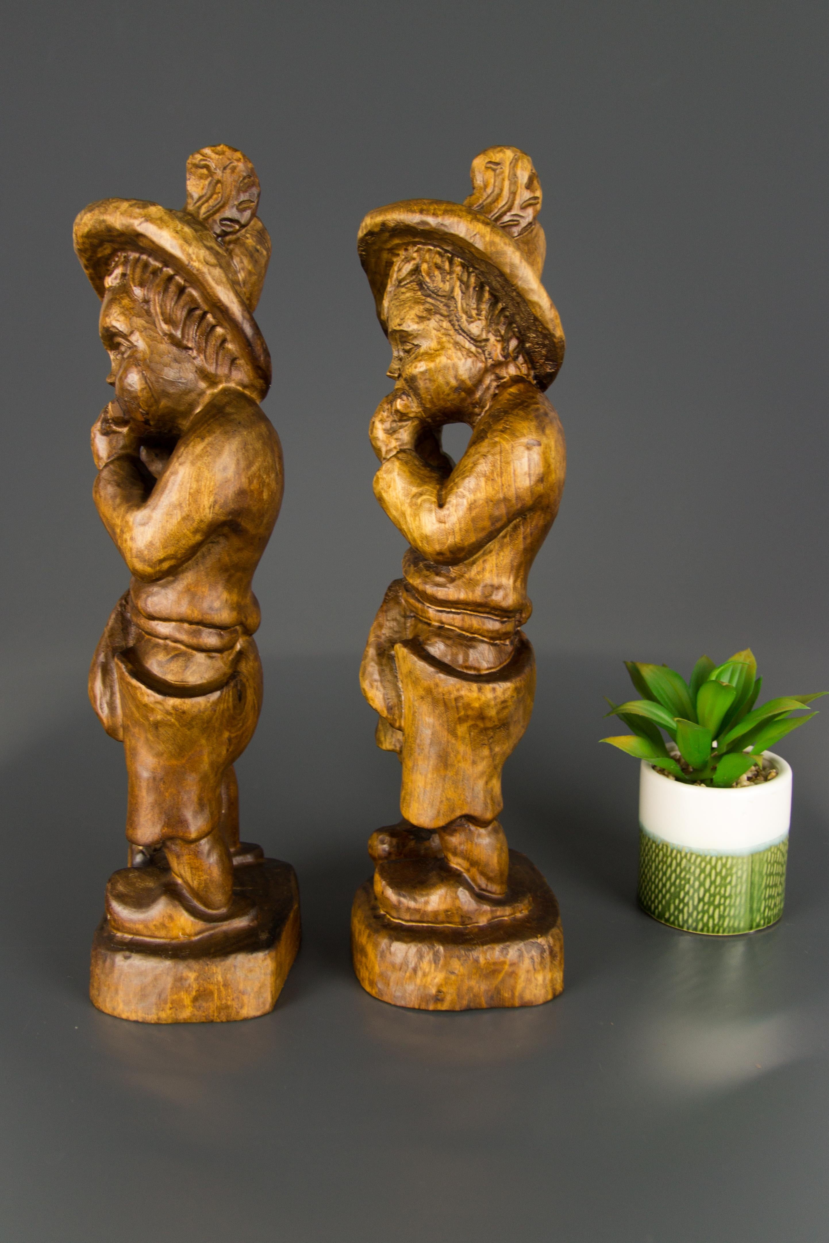 Pair of German Hand Carved Wood Figurative Sculptures of Two Boys Musicians For Sale 4