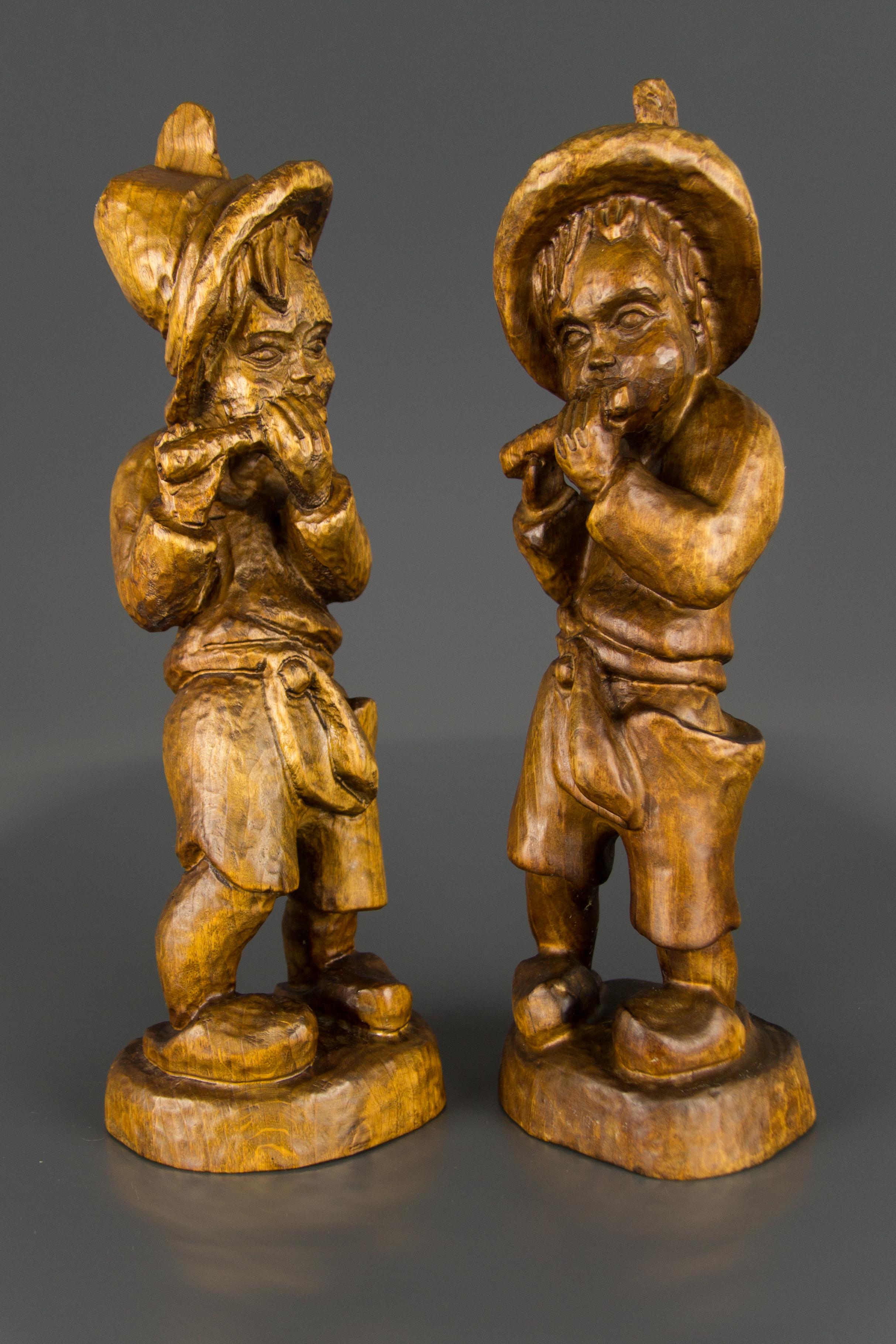 Pair of German Hand Carved Wood Figurative Sculptures of Two Boys Musicians For Sale 9