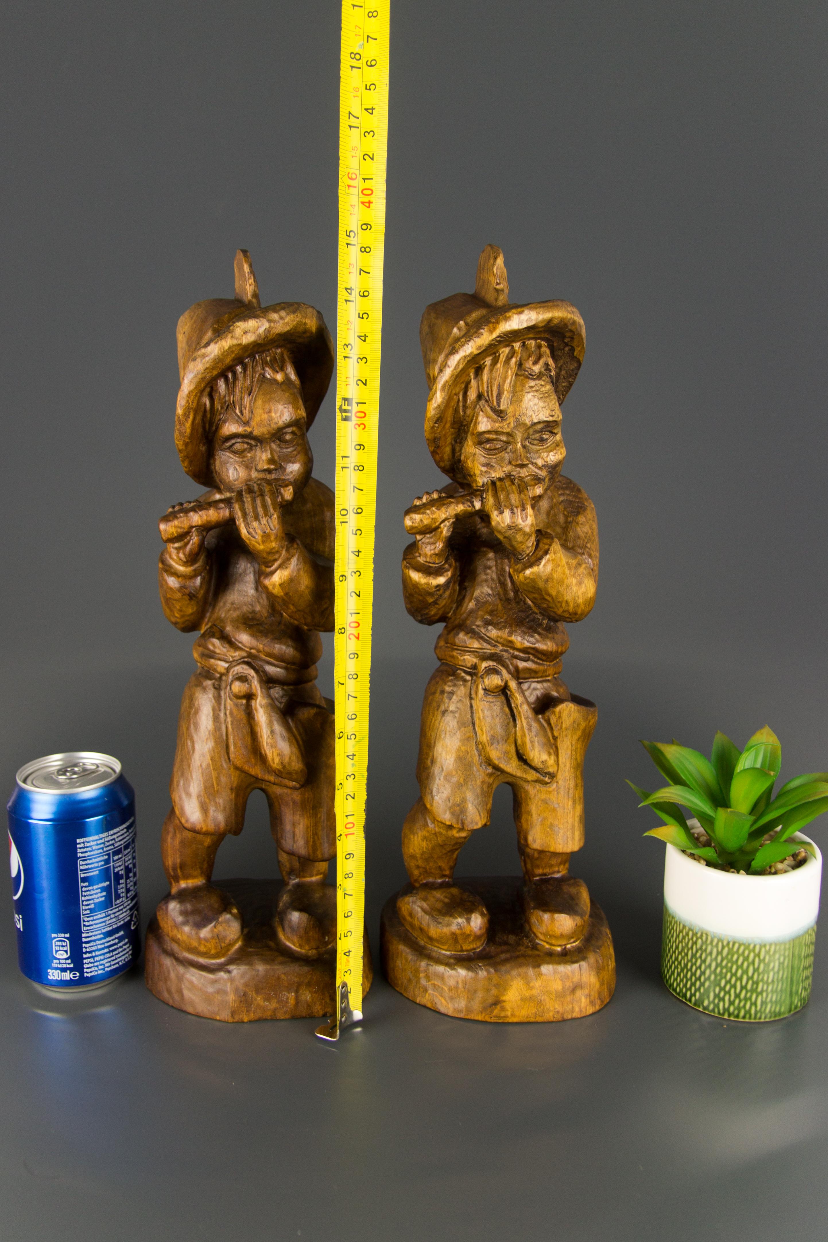 Pair of German Hand Carved Wood Figurative Sculptures of Two Boys Musicians For Sale 12