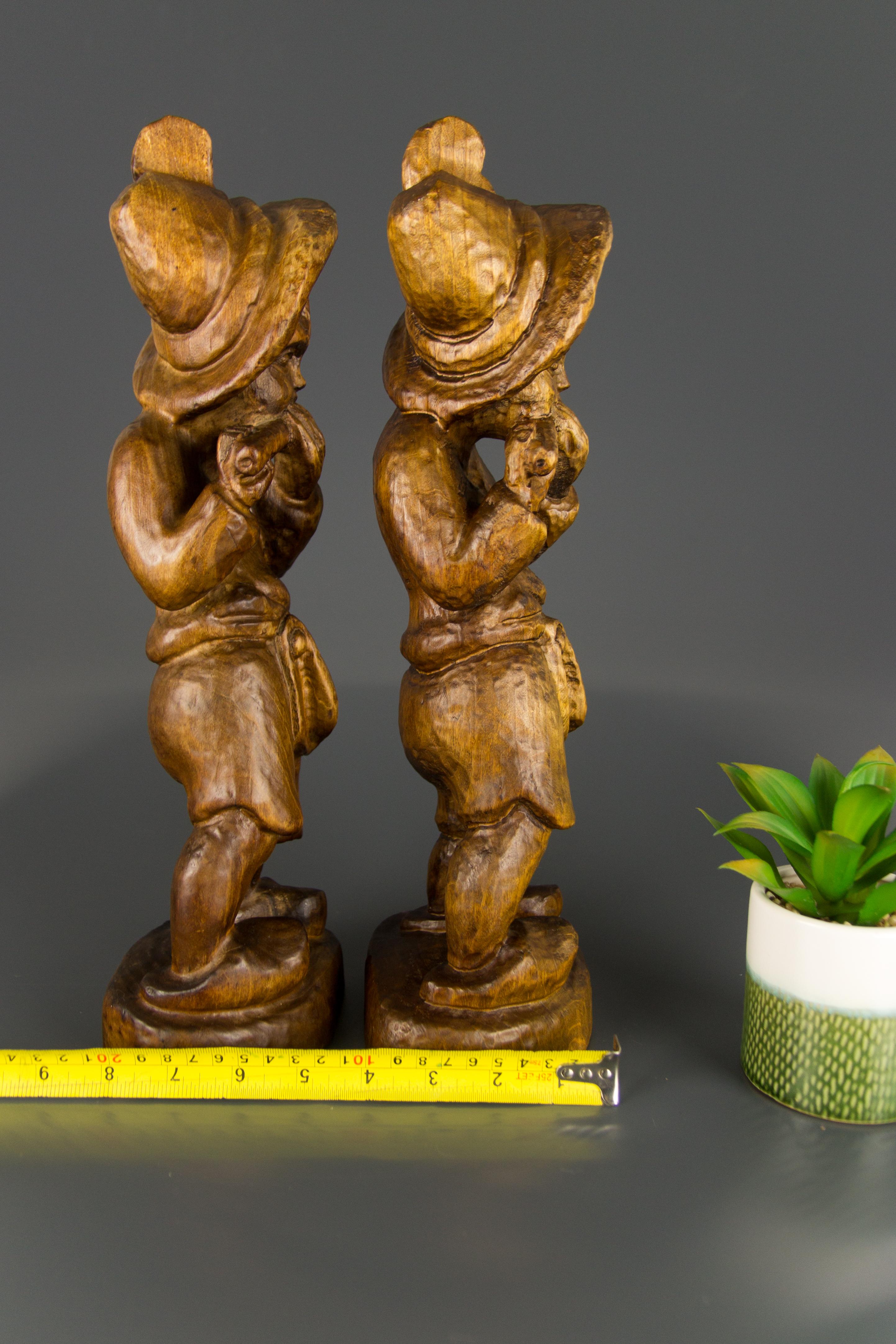 Pair of German Hand Carved Wood Figurative Sculptures of Two Boys Musicians For Sale 13