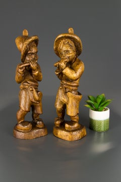 Pair of German Hand Carved Wood Figurative Sculptures of Two Boys Musicians