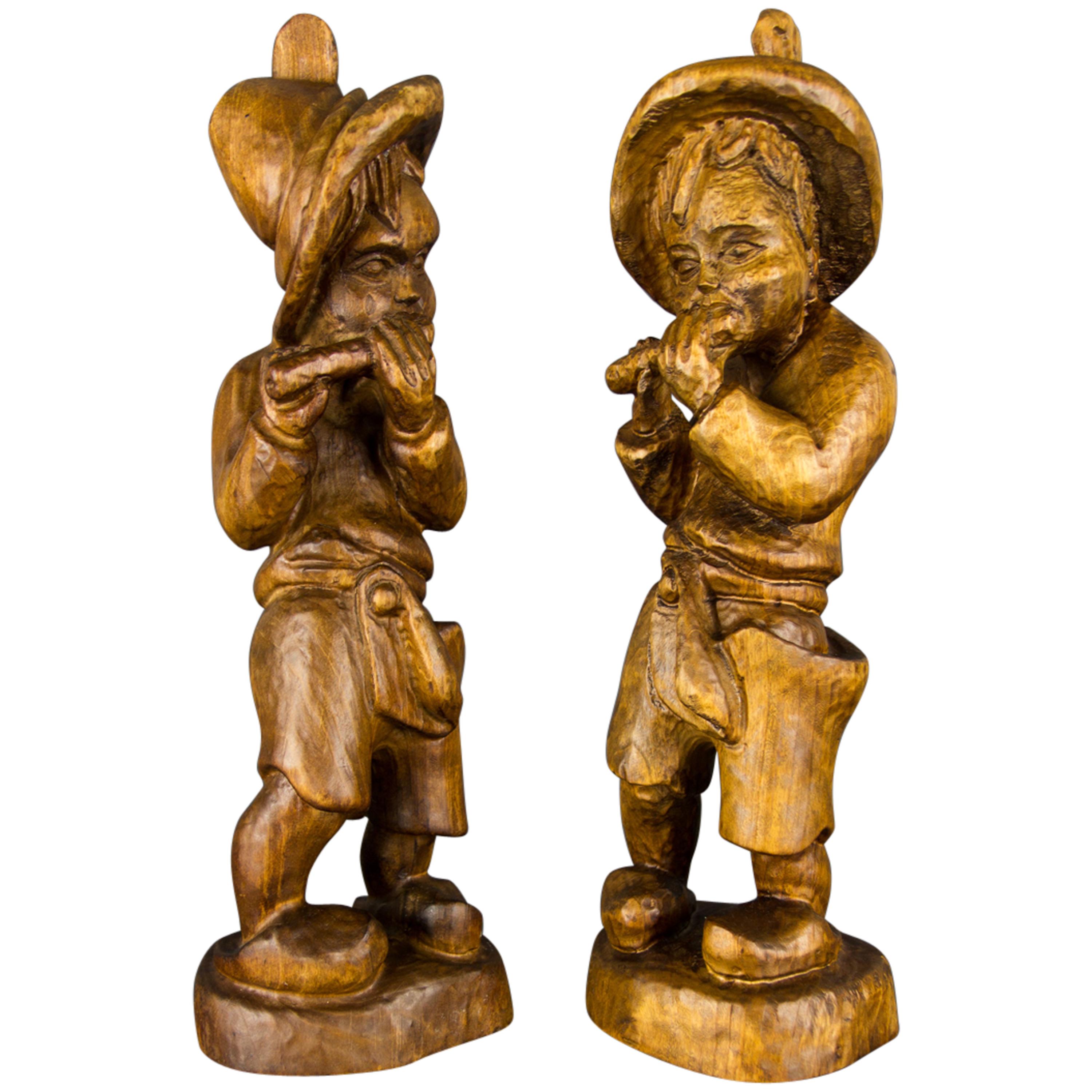 Pair of German Hand Carved Wood Figurative Sculptures of Two Boys Musicians