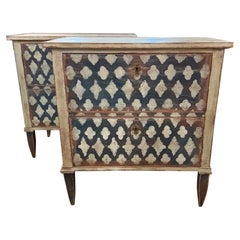 Pair of German Hand Painted Blue and White Neo-Classical Bedside Tables