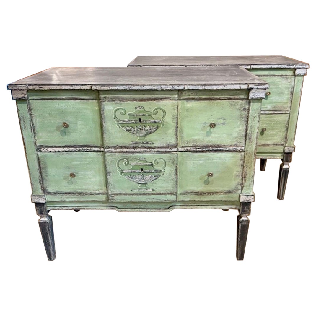 Pair of German Hand-Painted Green Chests with a Neo-Classical Design