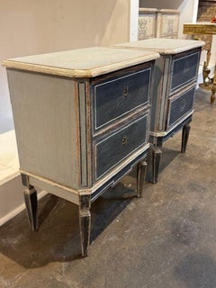 Pair of German Hand painted Side Tables in Navy Blue and Grey