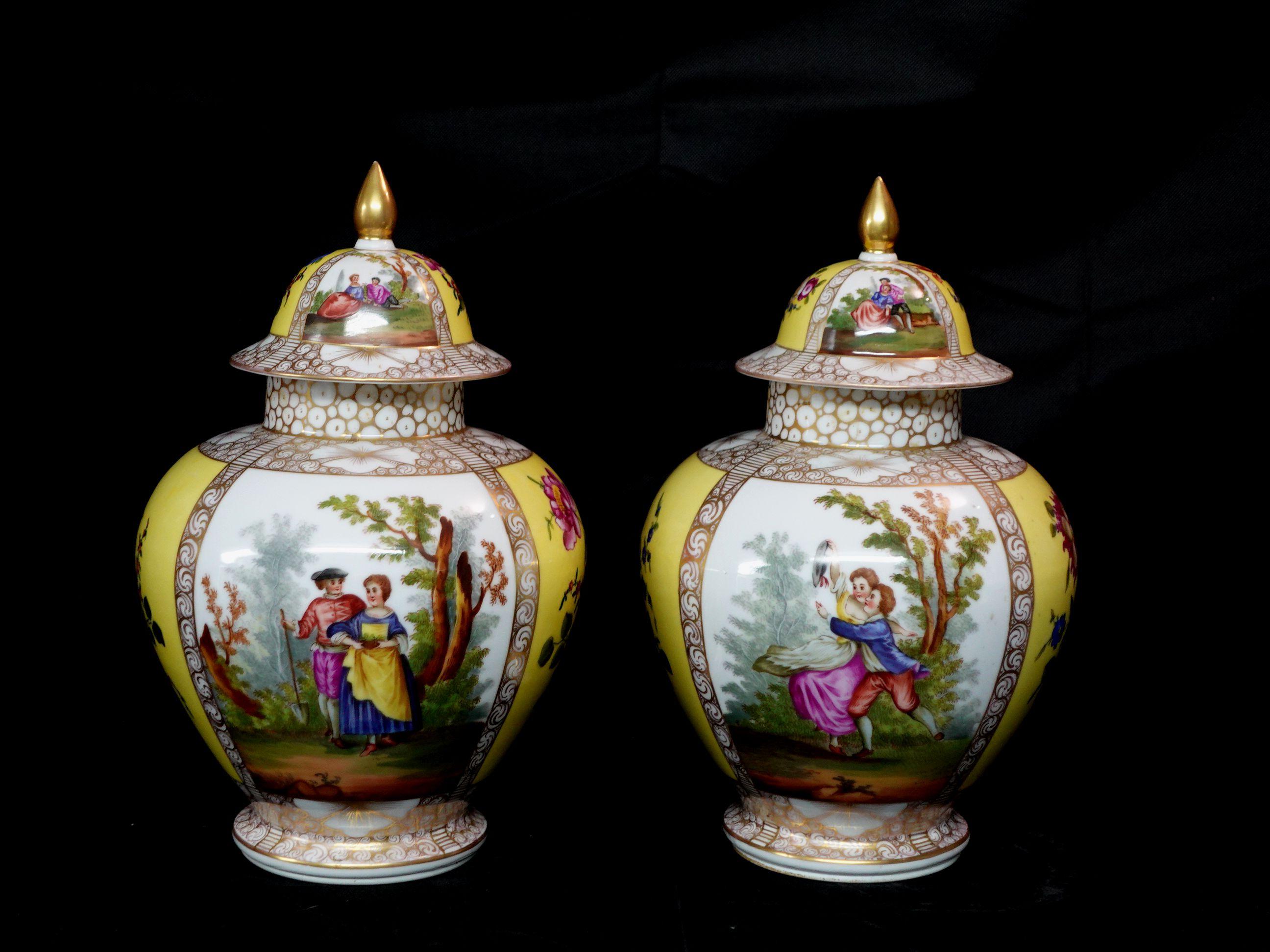 Pair of German Helena Wolfsohn Style Porcelain Covered Urns 19th Century For Sale 6