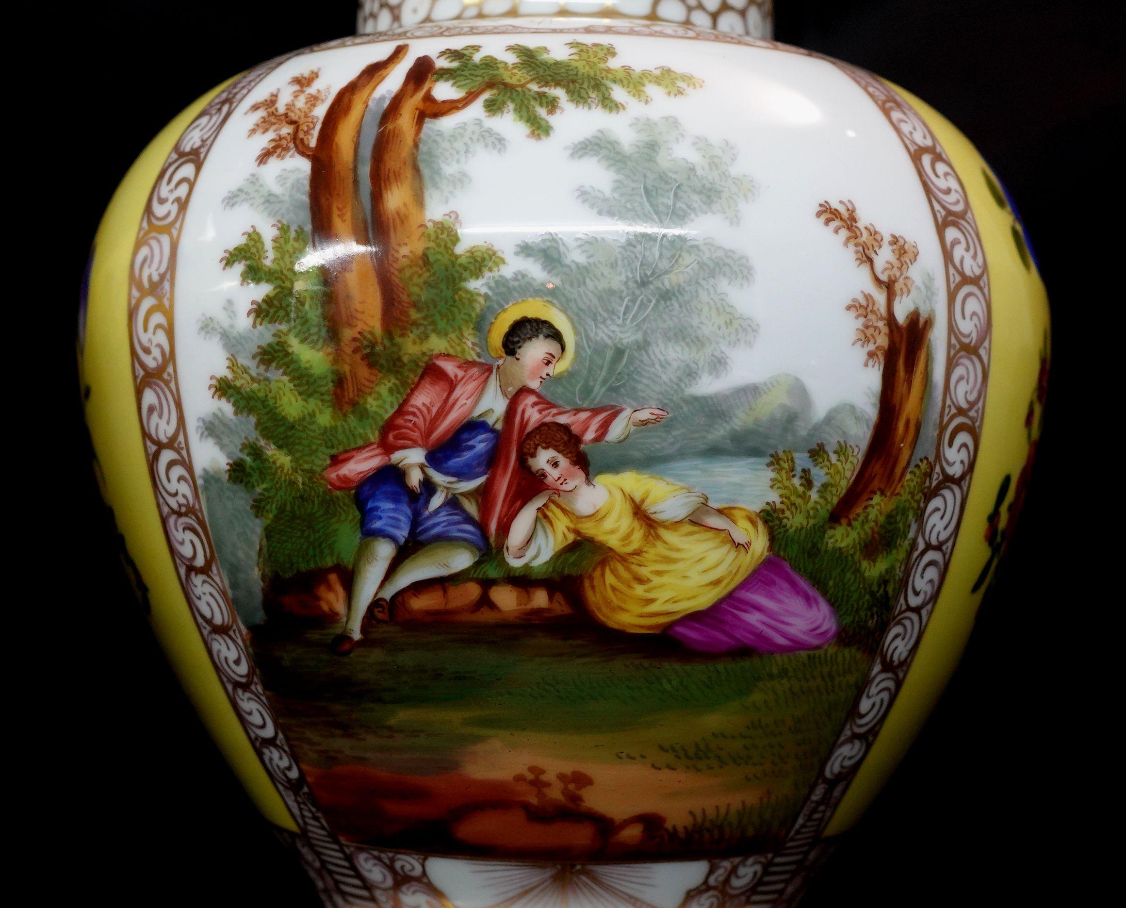 Hand-Painted Pair of German Helena Wolfsohn Style Porcelain Covered Urns 19th Century For Sale