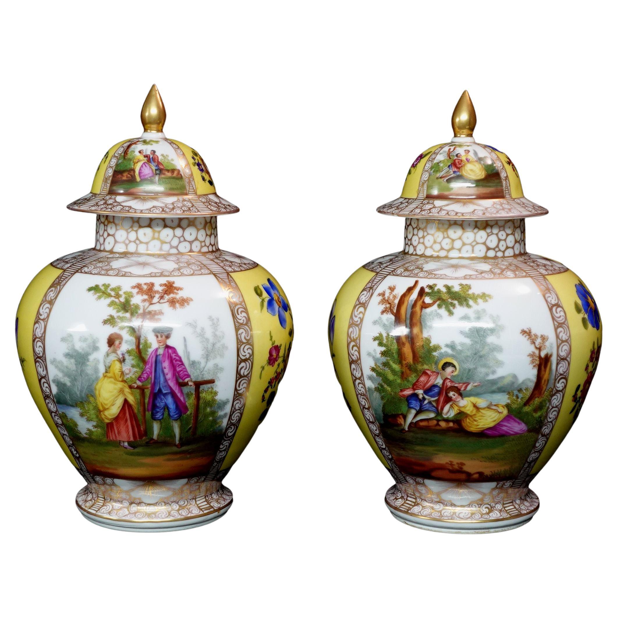 Pair of German Helena Wolfsohn Style Porcelain Covered Urns 19th Century For Sale