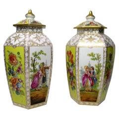 Pair of German Helena Wolfson Dresden Hand Painted Vases Yellow Floral