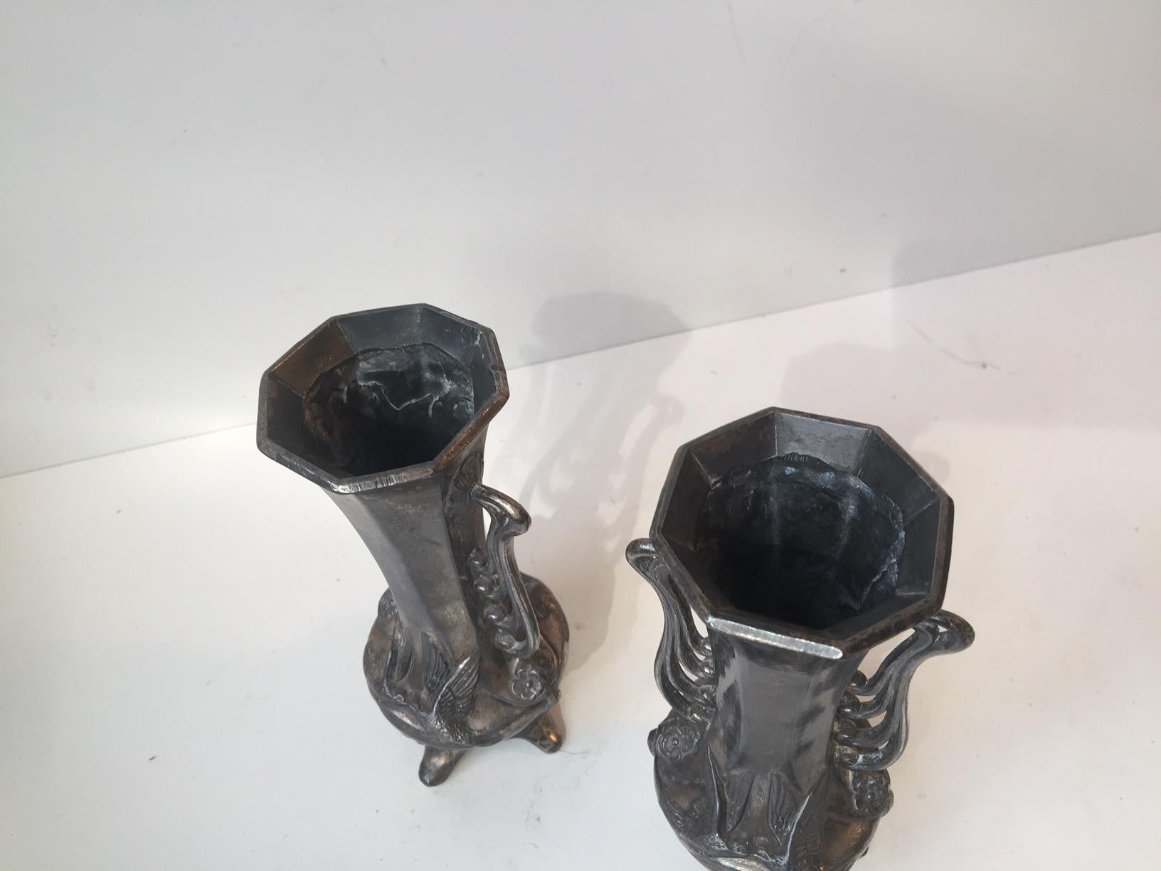 Early 20th Century Pair of German Jugend Pewter Vases, 1910s
