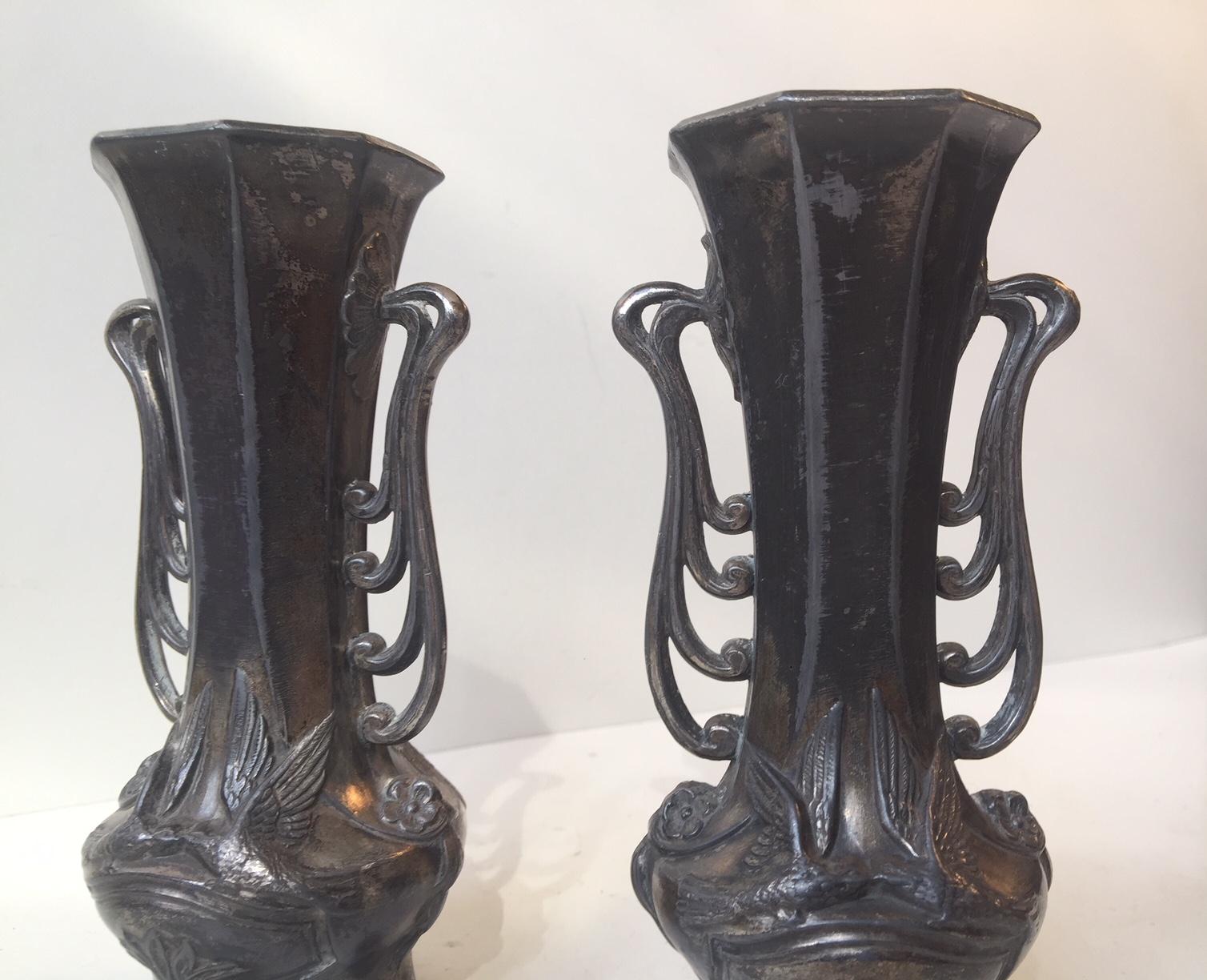 Pair of German Jugend Pewter Vases, 1910s 1