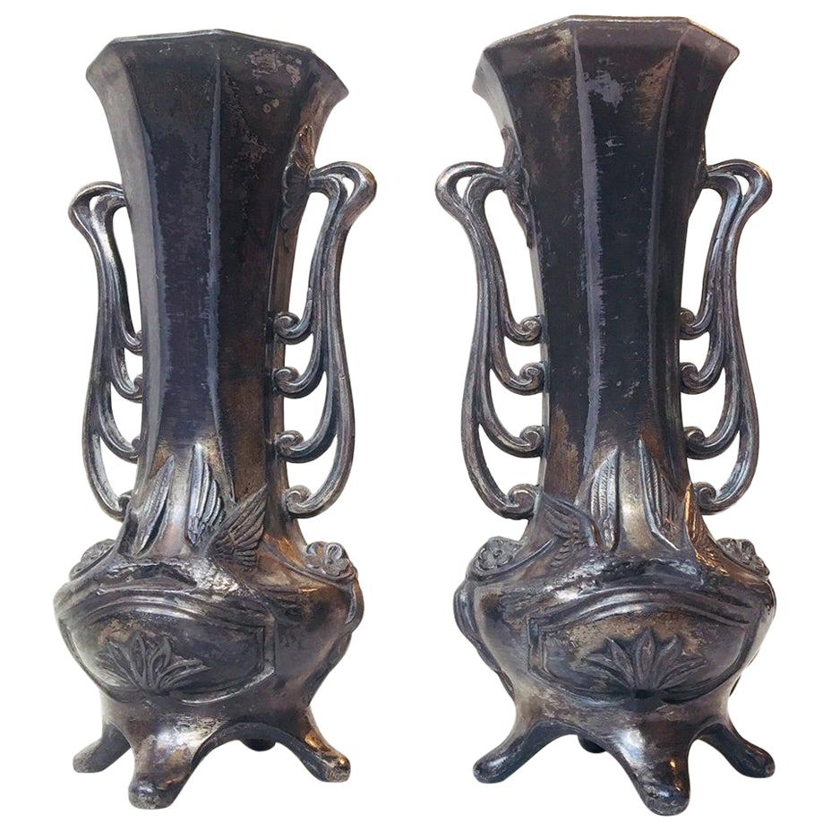 Pair of German Jugend Pewter Vases, 1910s