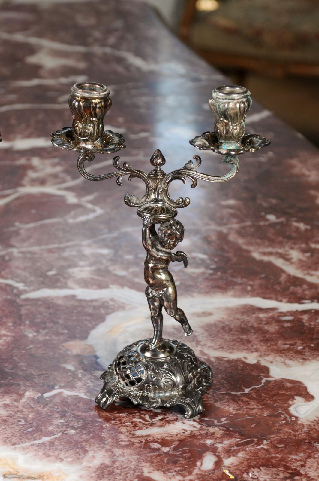 Pair of German Late 19th Century Jugendstil Silver Plated WMF Cherub Candelabras For Sale 8