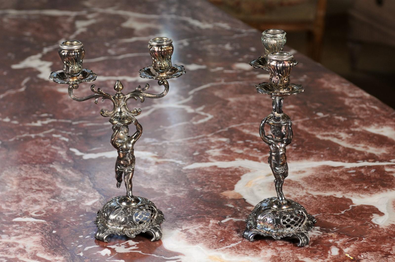 Pair of German Late 19th Century Jugendstil Silver Plated WMF Cherub Candelabras In Good Condition For Sale In Atlanta, GA
