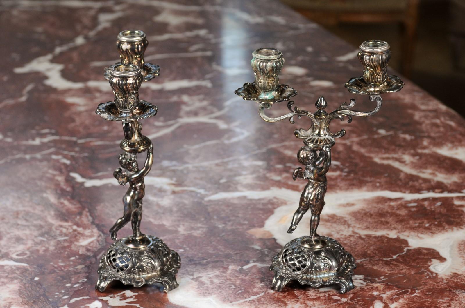 Pair of German Late 19th Century Jugendstil Silver Plated WMF Cherub Candelabras 1