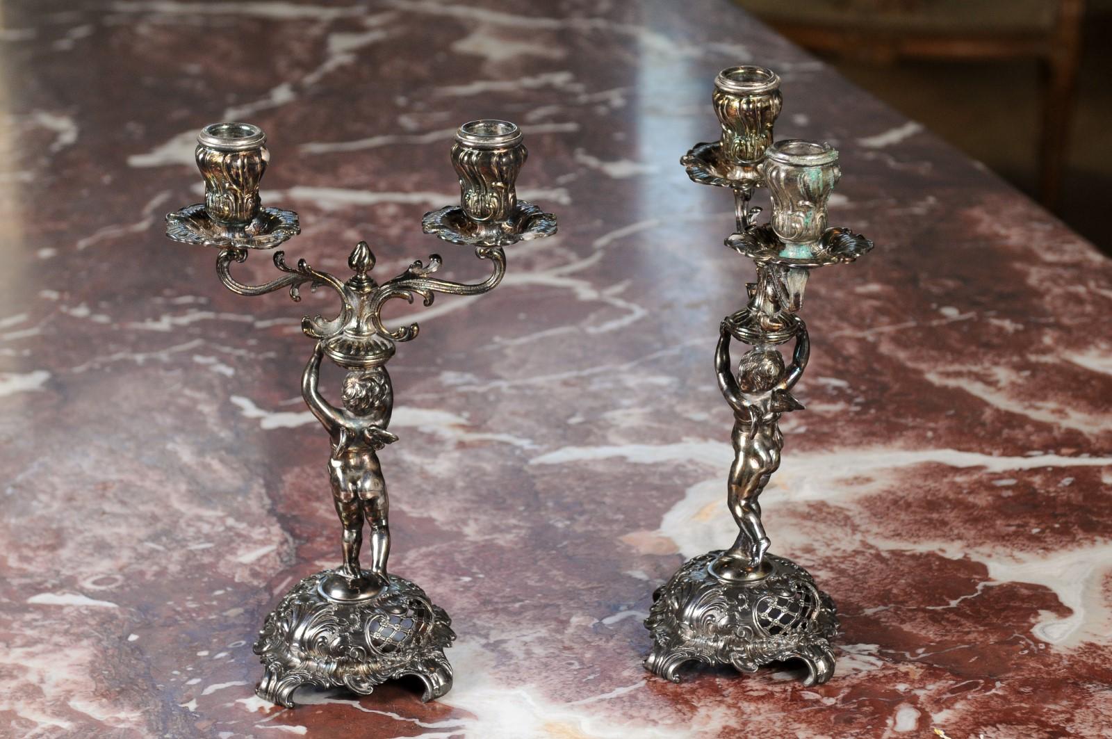 Pair of German Late 19th Century Jugendstil Silver Plated WMF Cherub Candelabras For Sale 2