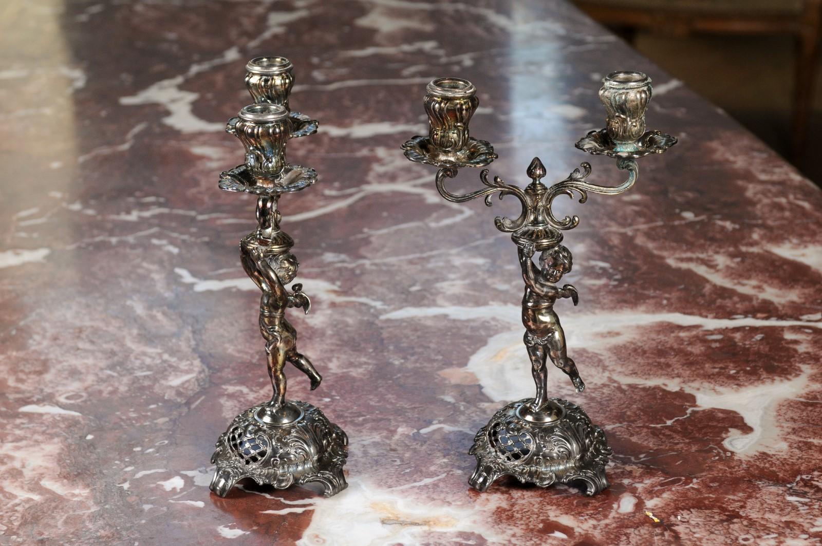 Pair of German Late 19th Century Jugendstil Silver Plated WMF Cherub Candelabras 3