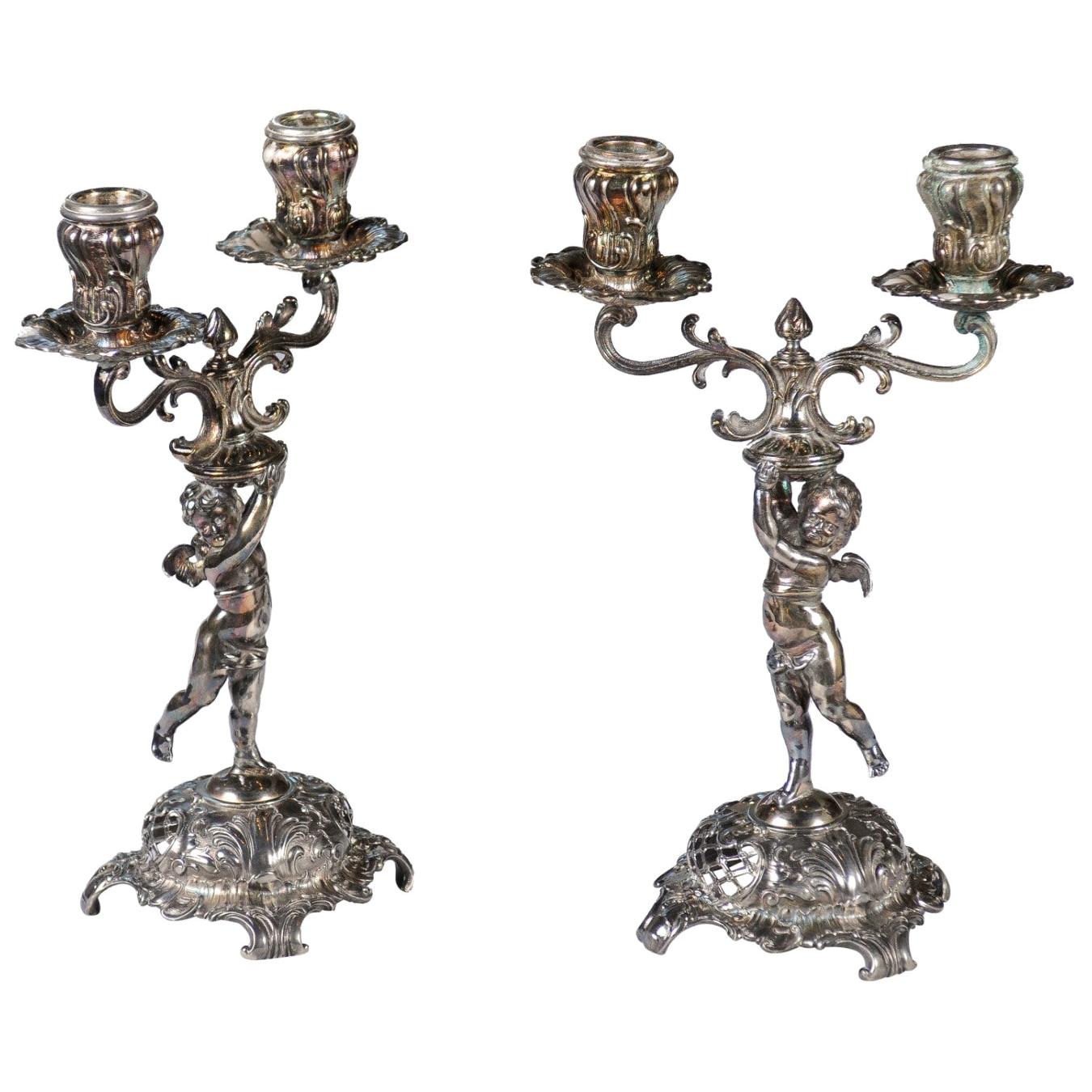 Paire de candélabres chérubins WMF plaqués argent de la fin du 19ème siècle de style Jugendstil allemand