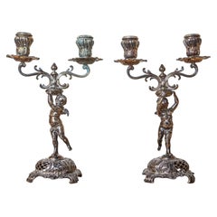 Pair of German Late 19th Century Jugendstil Silver Plated WMF Cherub Candelabras