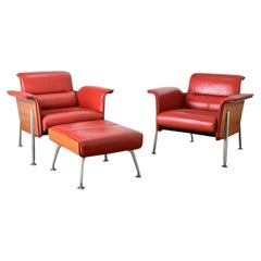 Pair of German Leather Armchairs & Ottoman by Wilkhahn