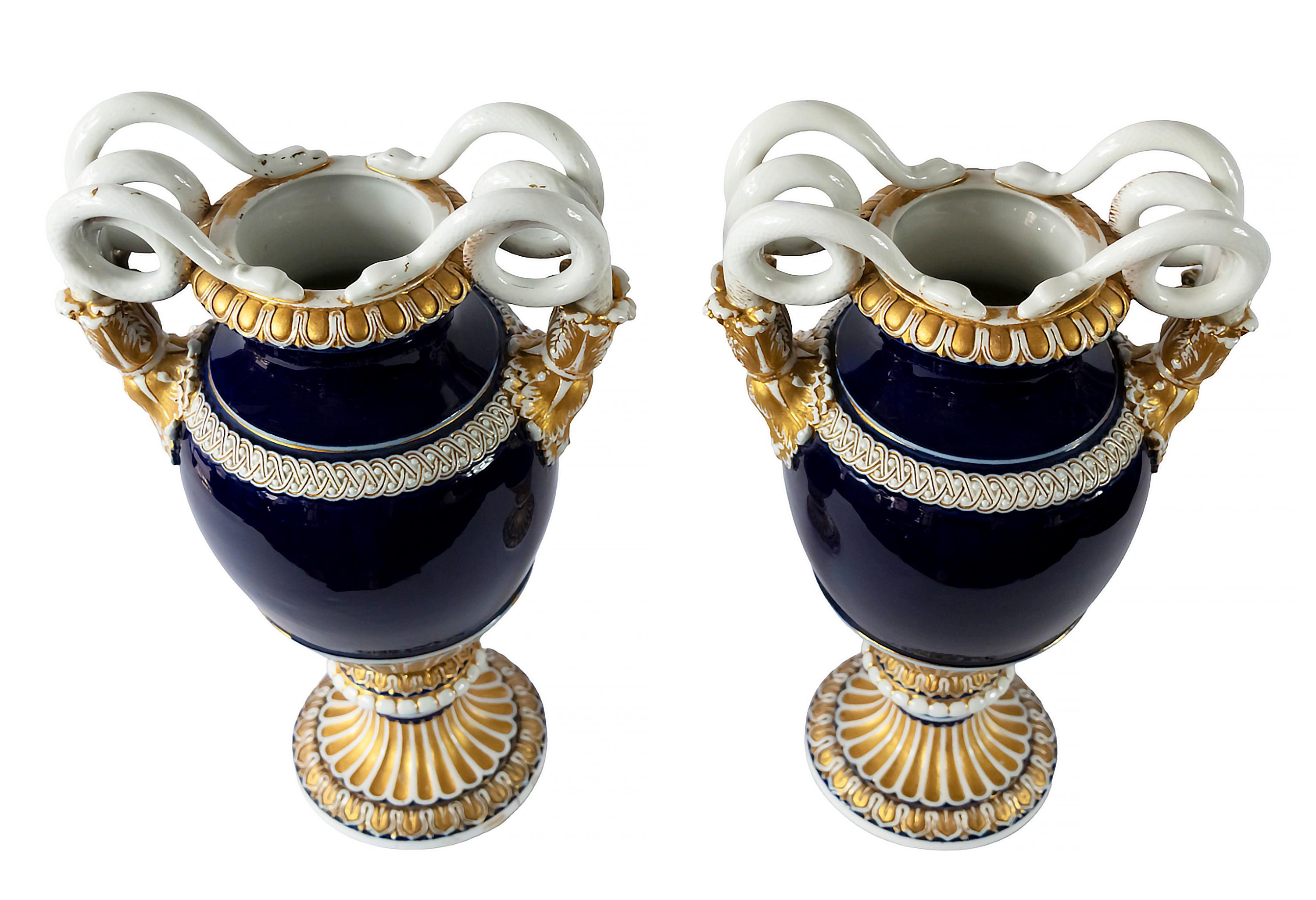 Gilt Pair of German Meissen Porcelain Cobalt Blue Vases For Sale