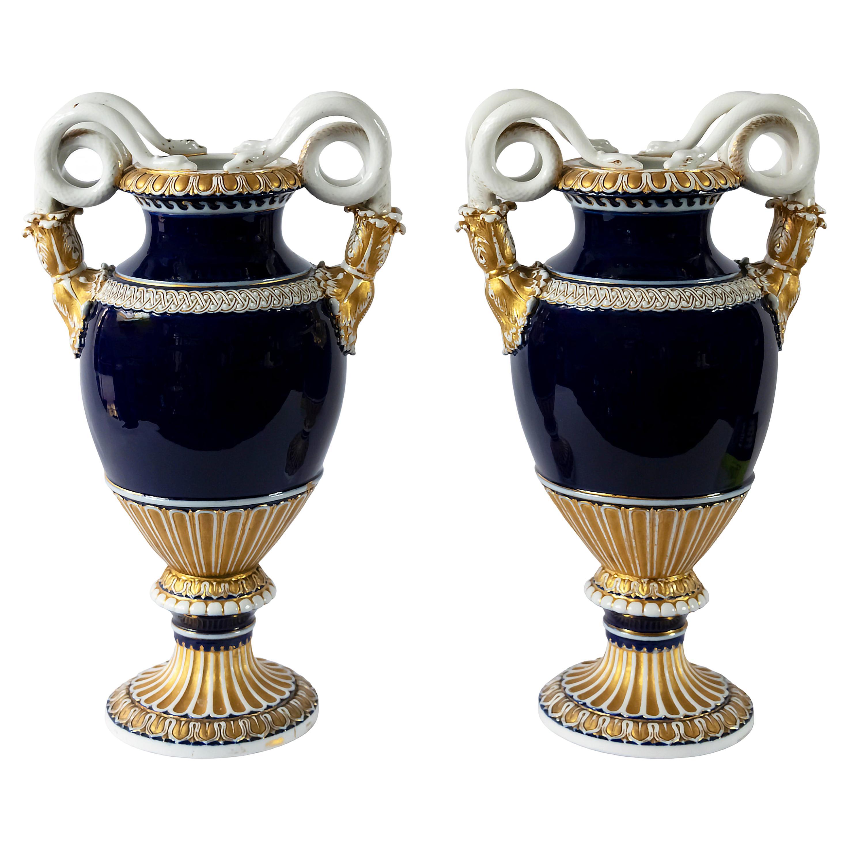 Pair of German Meissen Porcelain Cobalt Blue Vases For Sale