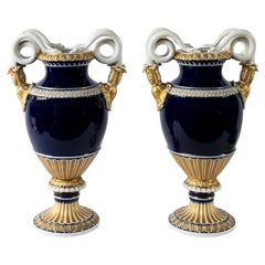 Antique Pair of German Meissen Porcelain Cobalt Blue Vases