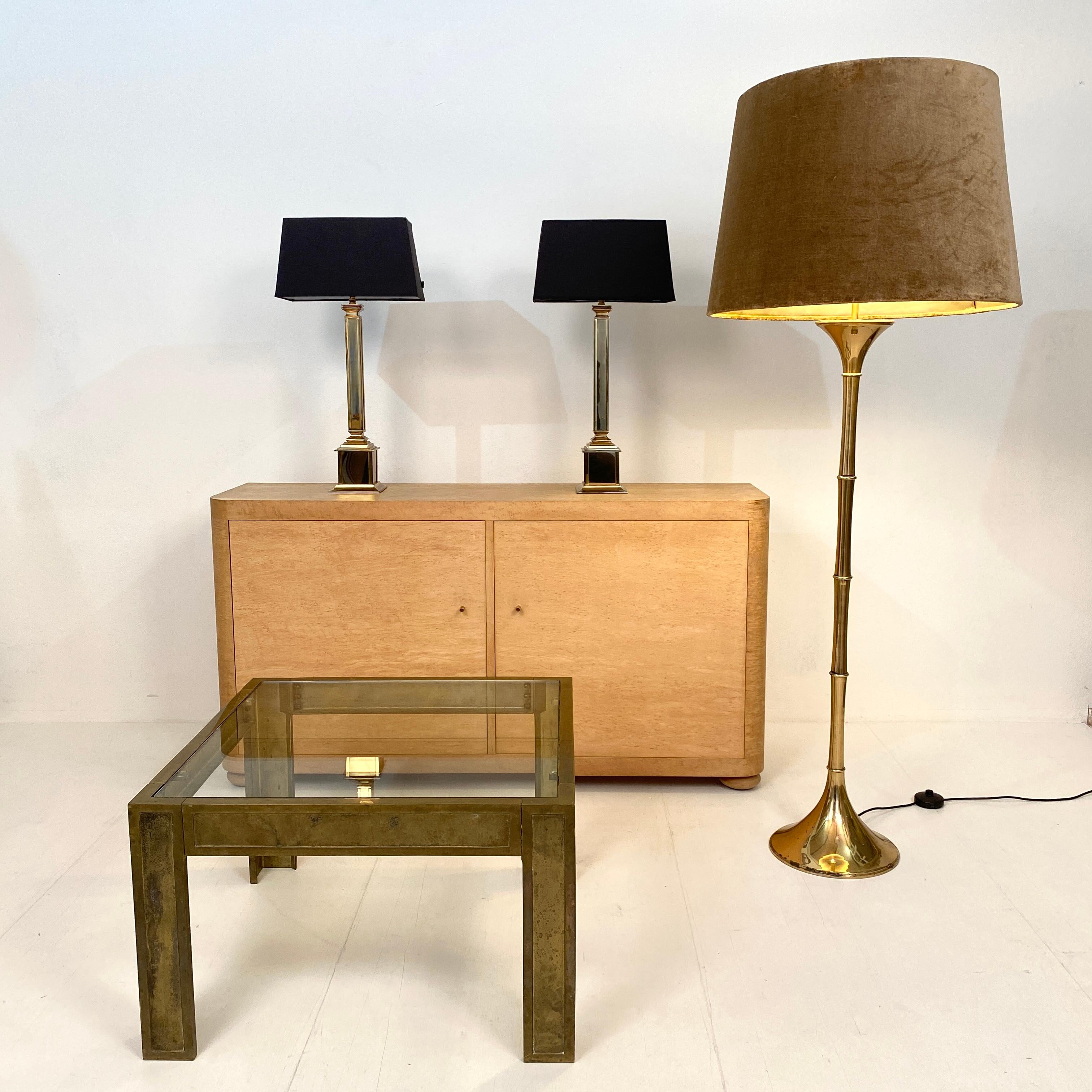 Mid-Century Modern Pair of German Midcentury Gilded Brass Table Lamps with Black Lamp Shades, 1970