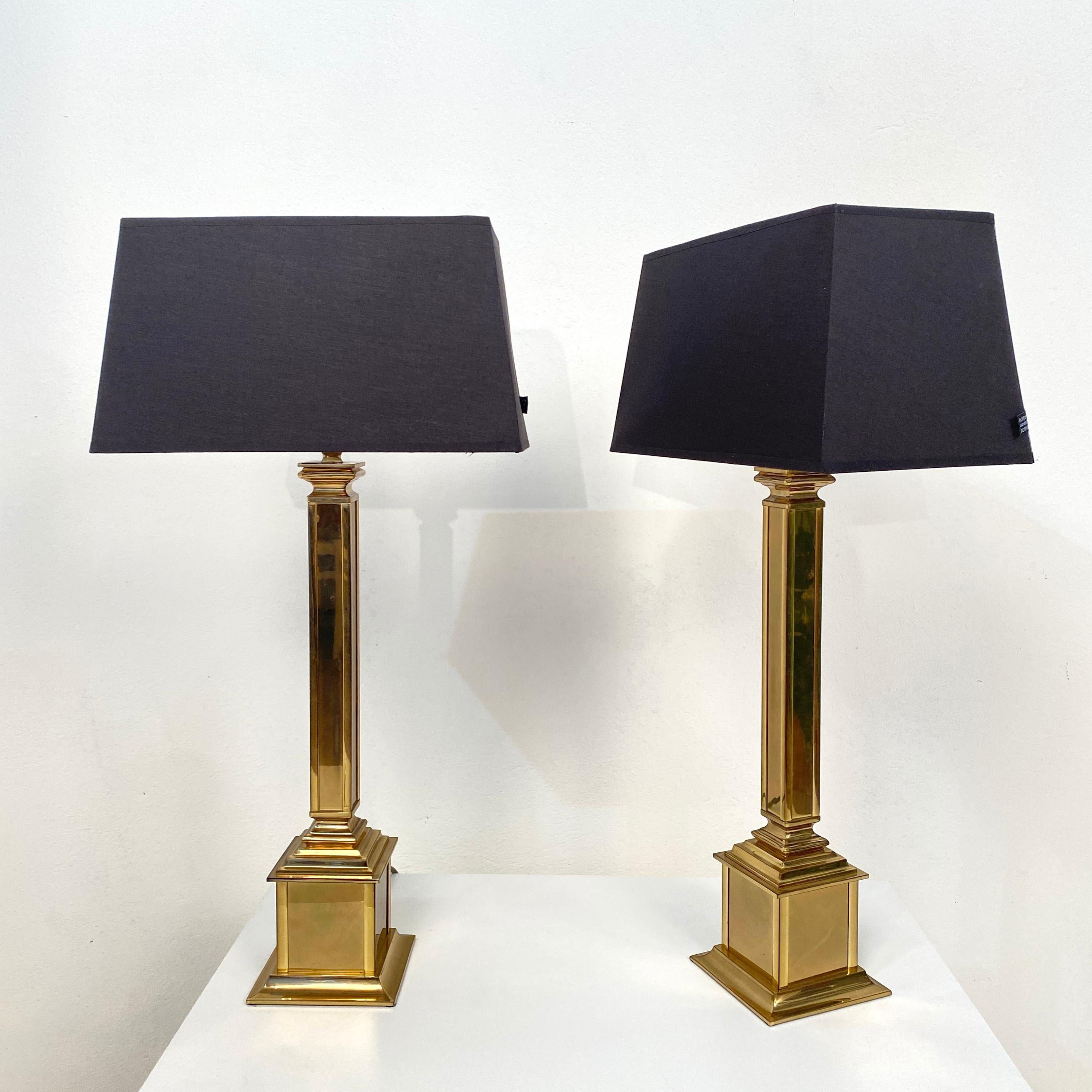 Late 20th Century Pair of German Midcentury Gilded Brass Table Lamps with Black Lamp Shades, 1970