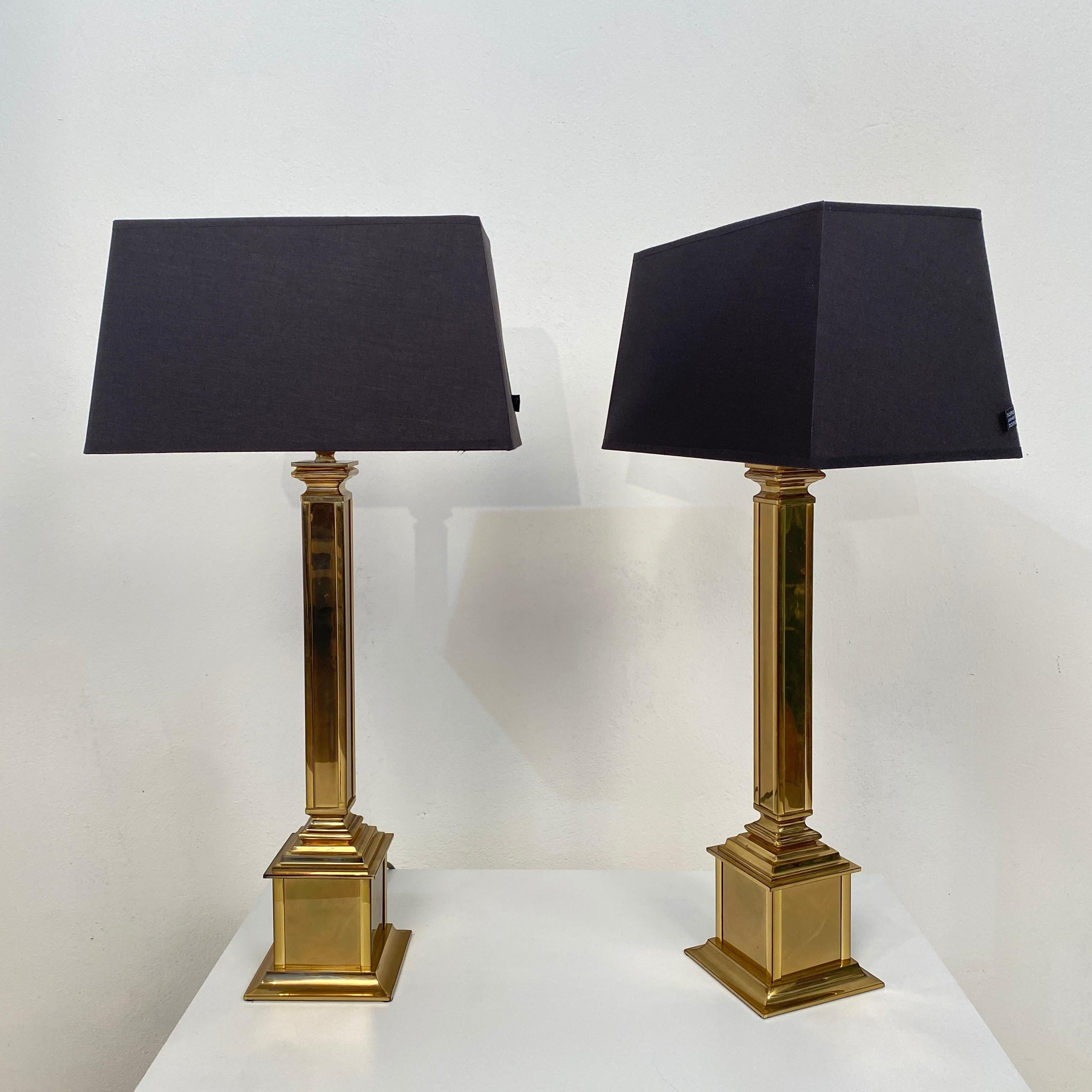 Pair of German Midcentury Gilded Brass Table Lamps with Black Lamp Shades, 1970 1