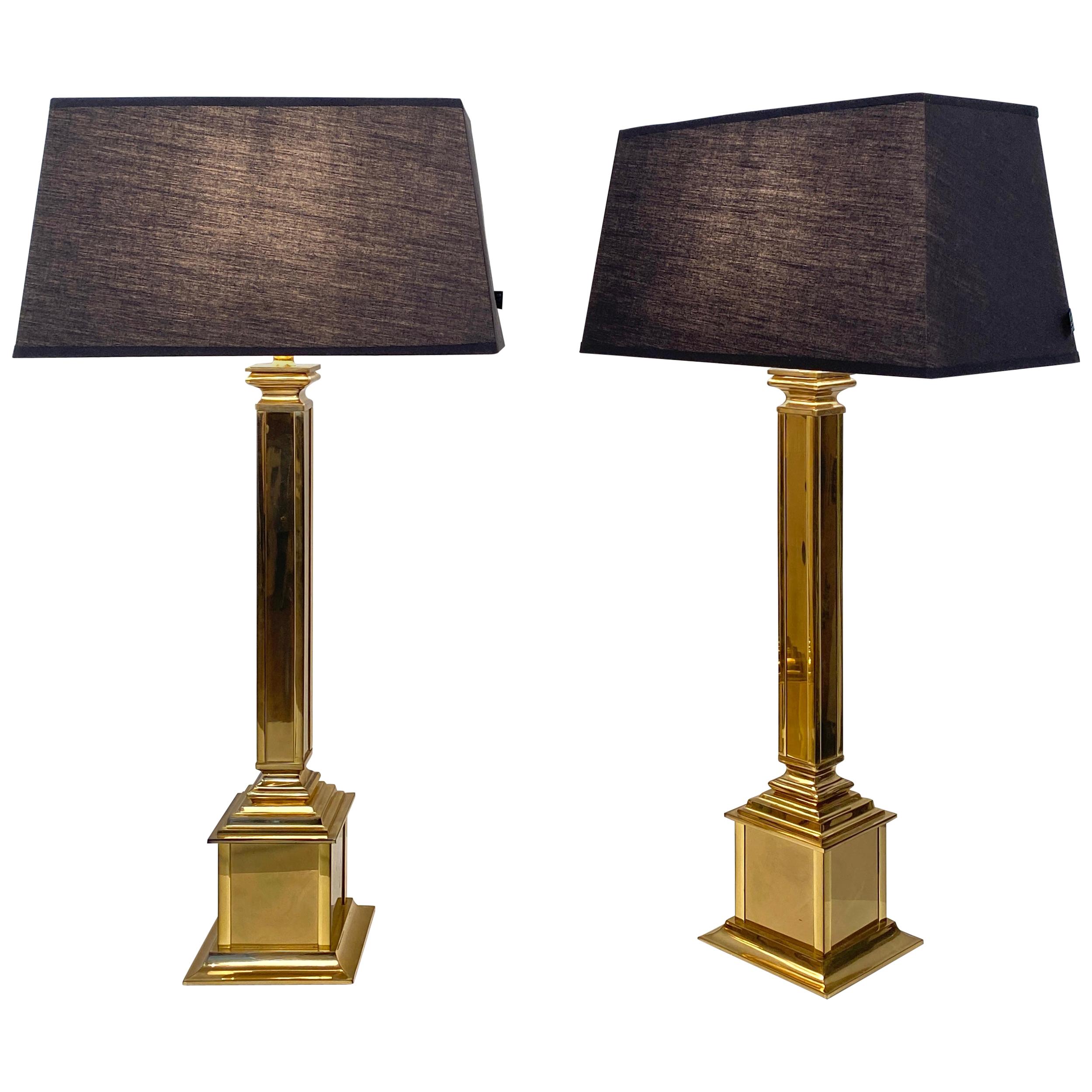 Pair of German Midcentury Gilded Brass Table Lamps with Black Lamp Shades, 1970