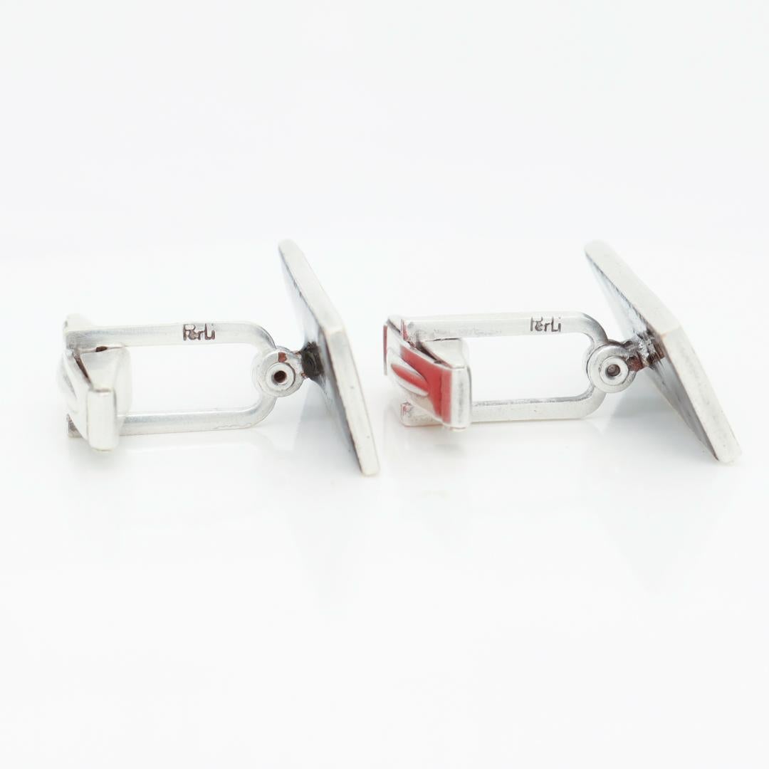 Pair of German Modernist Perli Rhodium-plated Brass & Enamel Cufflinks For Sale 5