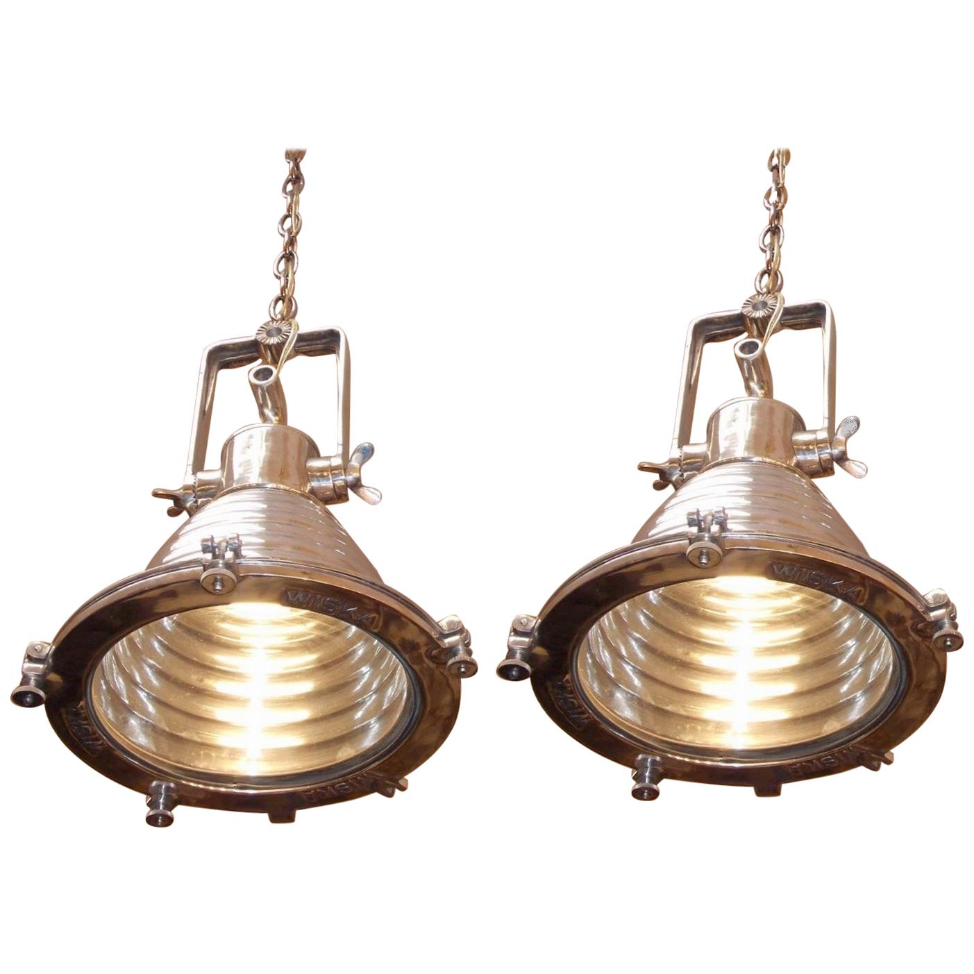 Pair of German Nautical Aluminum Hanging Ship Lights, Wiska Co, 20th Century