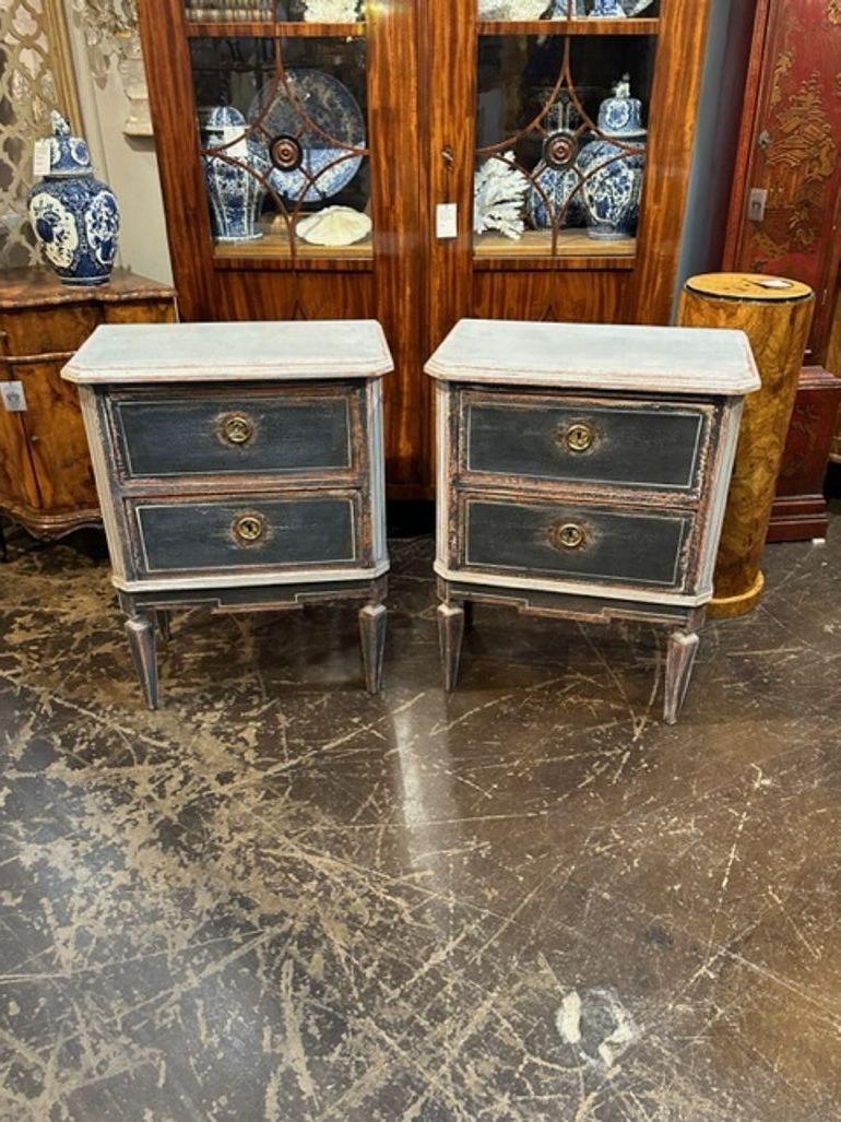 Nice pair of German Neo-Classical painted bedside tables. Lovely two-toned painted and nice clean lines. Pretty!